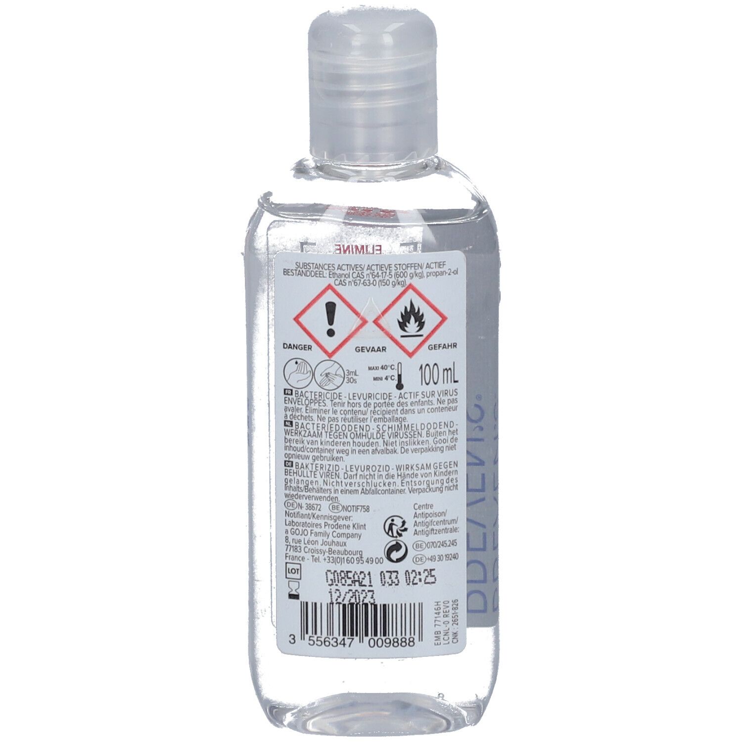Dos d'un flacon transparent avec bouchon à vis. Symboles d'avertissement et texte. Inscription : 100 ml, Preven's.