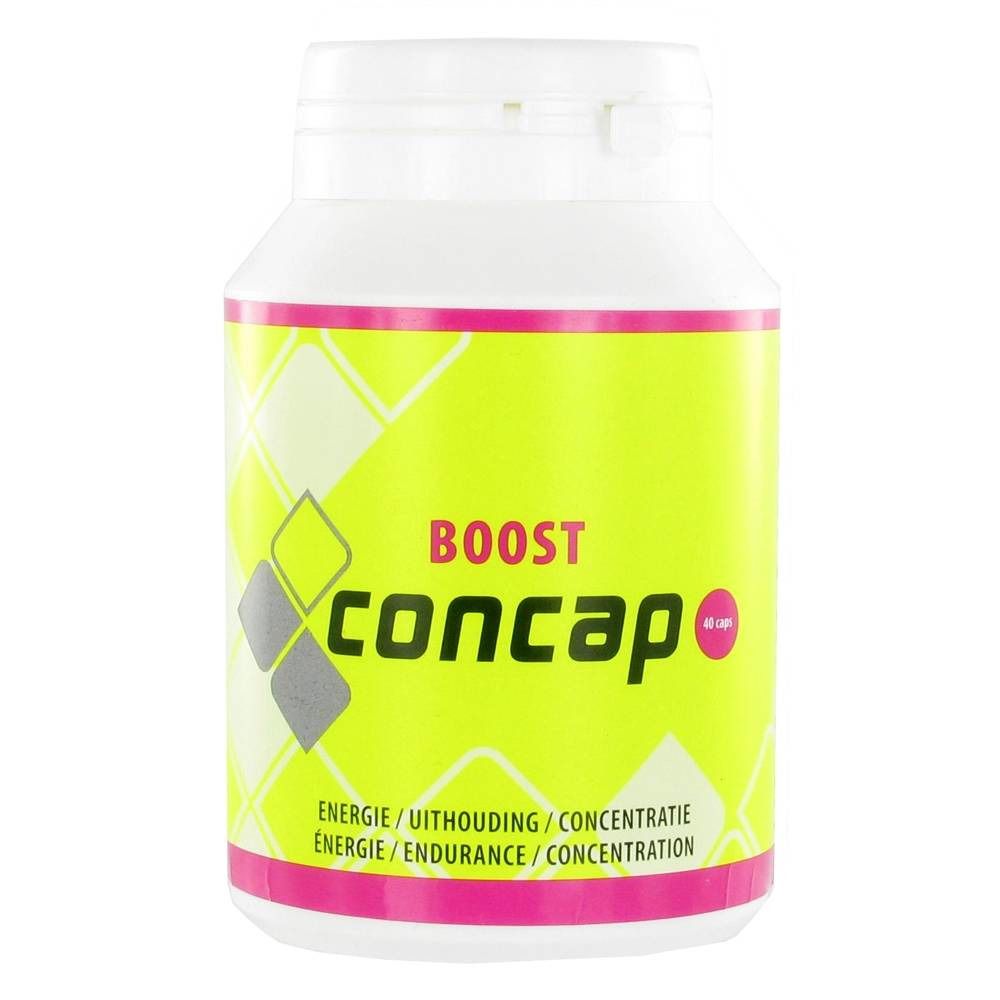 Flacon blanc avec étiquette jaune. Inscription: BOOST Concap. Contient 60 capsules. Texte: Energie/Endurance/Concentration.