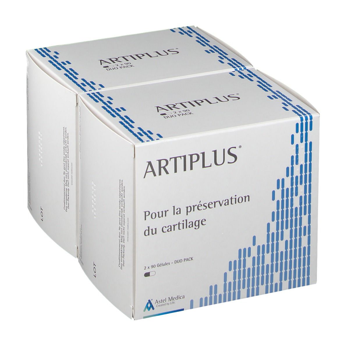 Twee witte dozen met blauwe versiering. Opschrift: ARTIPLUS. Tekst: Pour la préservation du cartilage. Duo Pack.