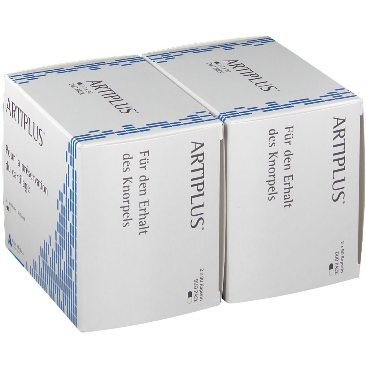 Twee witte dozen met blauwe versiering. Opschrift: ARTIPLUS. Tekst: Für den Erhalt des Knorpels. Duo Pack.