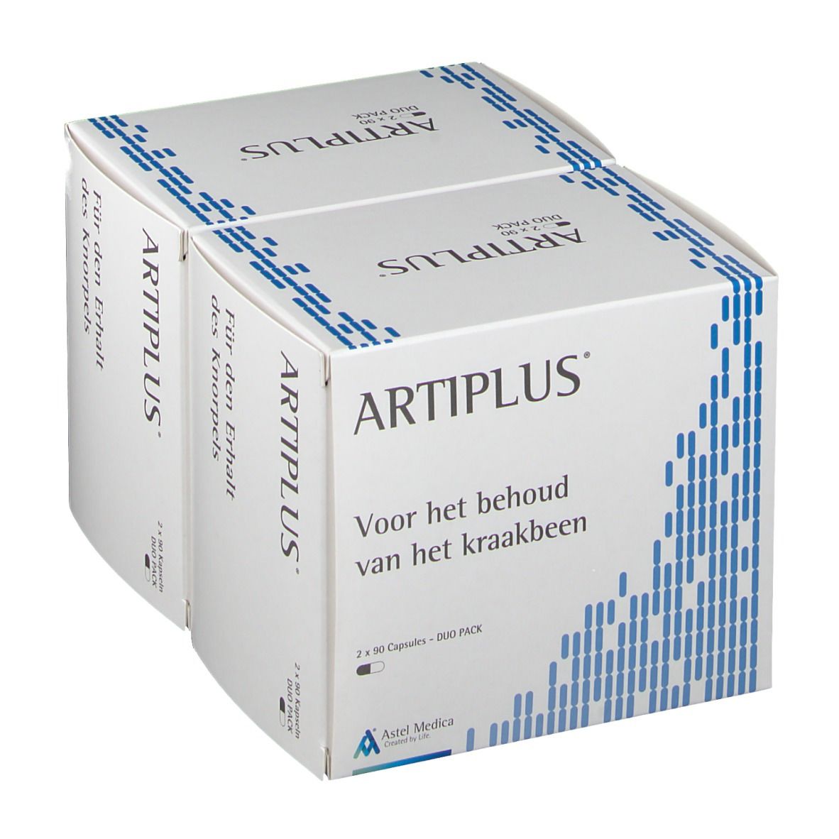 Twee witte dozen met blauwe versiering. Opschrift: ARTIPLUS. Tekst: Voor het behoud van het kraakbeen. Duo Pack.