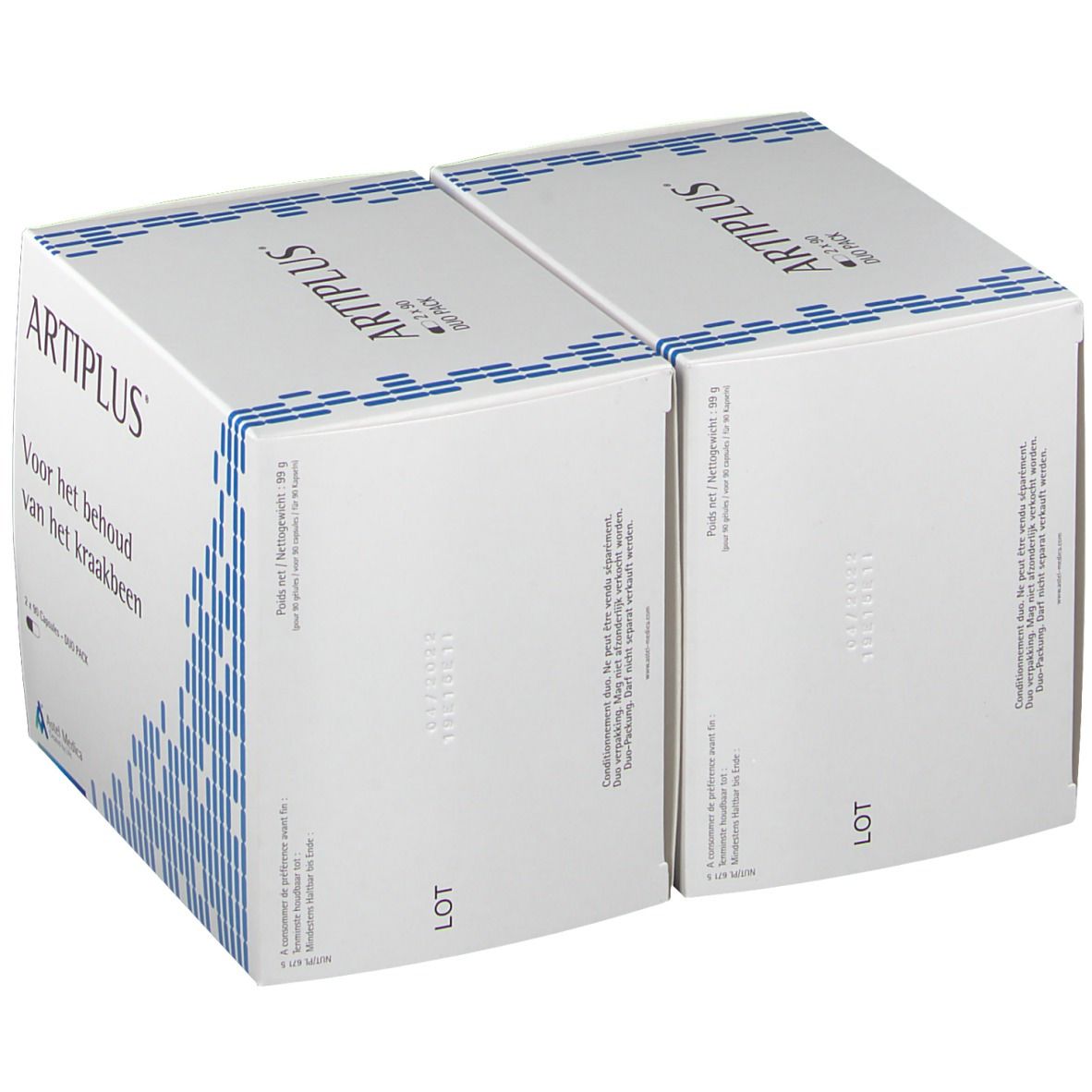 Twee witte dozen met blauwe versiering. Opschrift: ARTIPLUS. Tekst: Voor het behoud van het kraakbeen. Duo Pack.