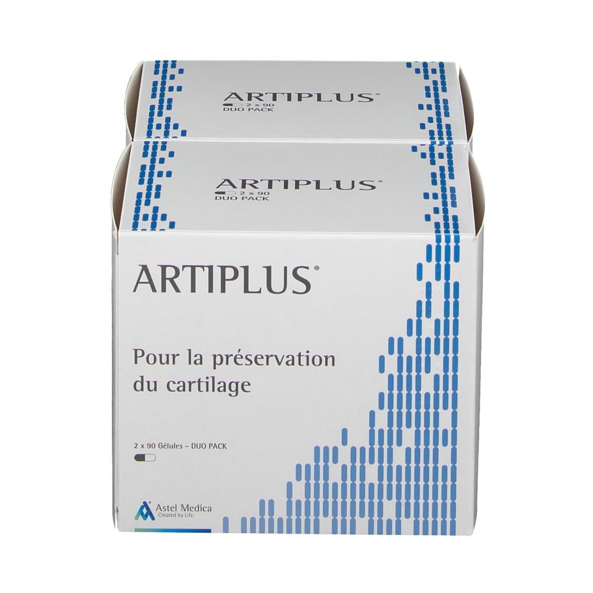 Twee witte dozen met blauwe versiering. Opschrift: ARTIPLUS. Tekst: Pour la préservation du cartilage. Duo Pack.