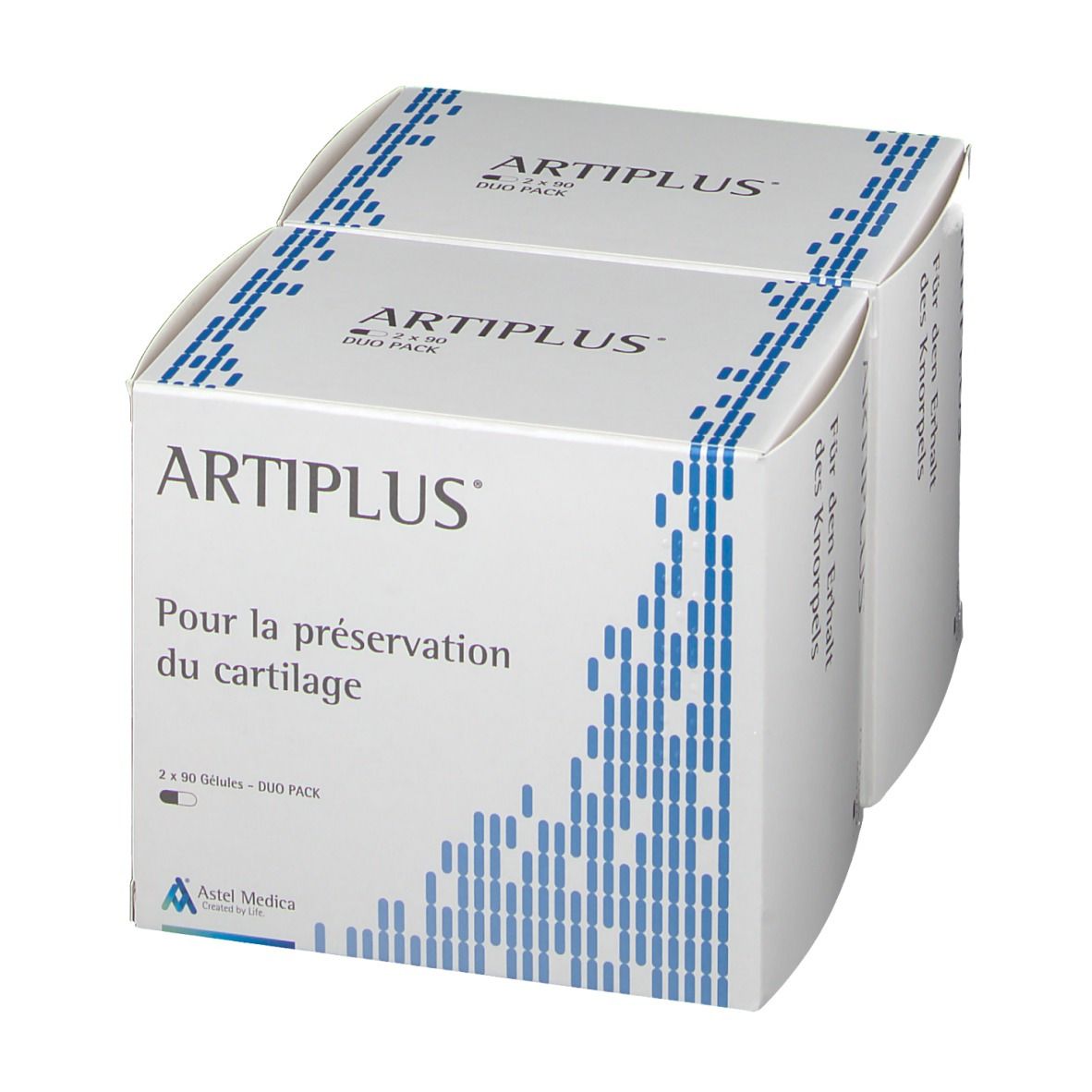 Twee witte dozen met blauwe versiering. Opschrift: ARTIPLUS. Tekst: Pour la préservation du cartilage. Duo Pack.