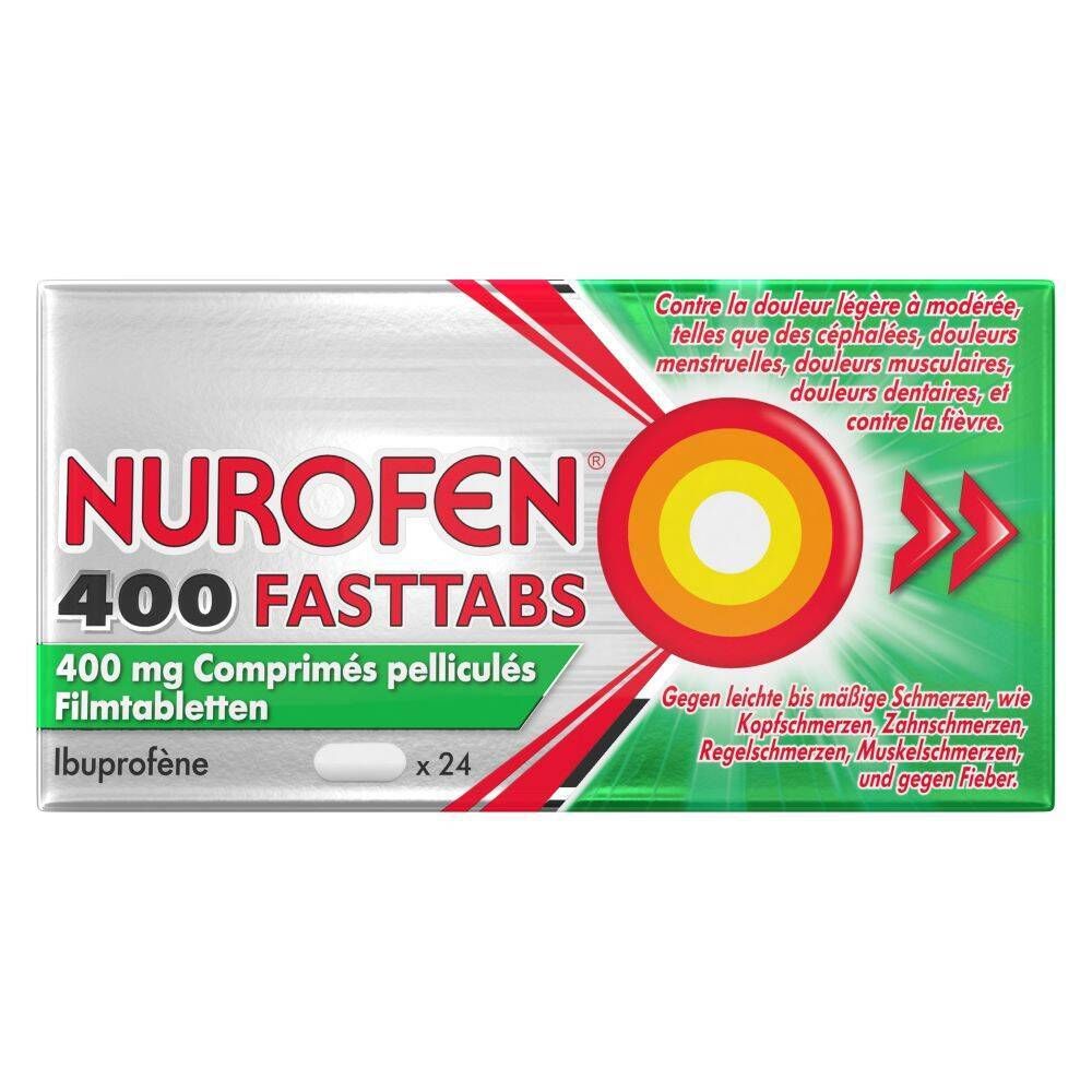 Doosje Nurofen 400 Fasttabs. Bevat 24 tabletten. Opschrift: 400 mg, Ibuprofen. Rode, gele en groene elementen.