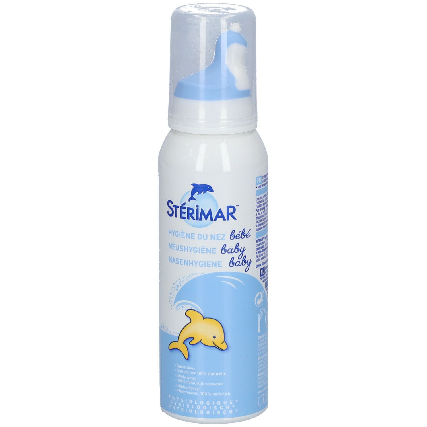 Witte fles met blauwe sproeikop. Opschrift: Stérimar, Hygiene du nez bébé, Neushygiene baby, Nasenhygiene baby. Gele dolfijn.