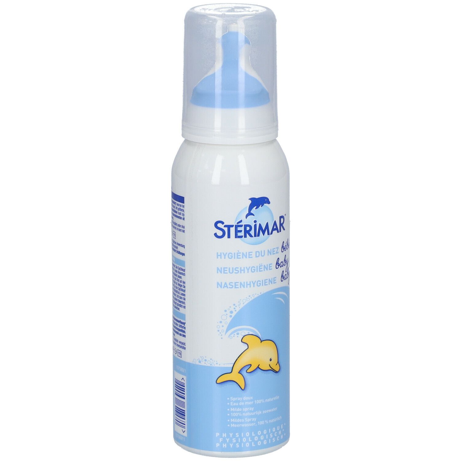 Witte fles met blauwe sproeikop. Opschrift: Stérimar, Hygiene du nez bébé, Neushygiene baby, Nasenhygiene baby. Gele dolfijn.