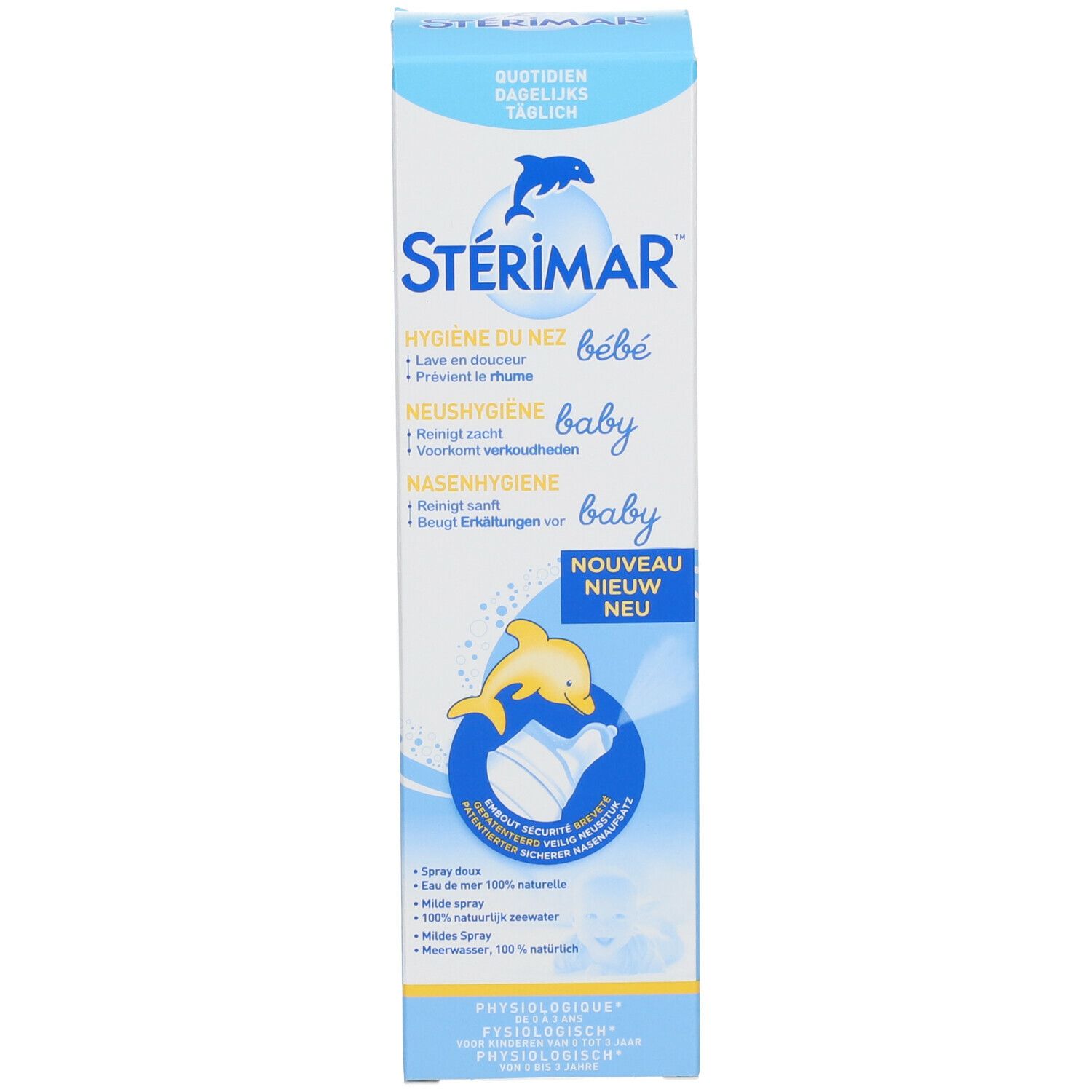 Hoge, blauwe productverpakking. Opschrift: Stérimar, Hygiene du nez bébé, Neushygiene baby, Nasenhygiene baby. Gele dolfijn.