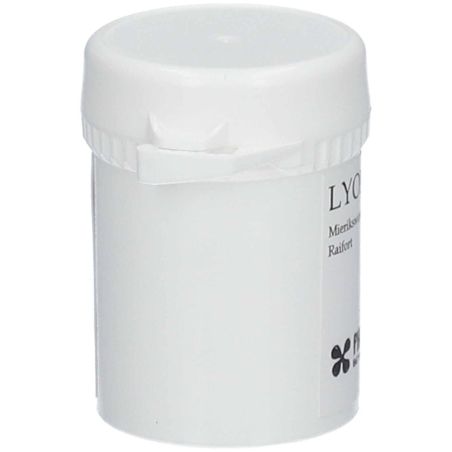 Barattolo bianco di capsule con coperchio. Testo sul lato.