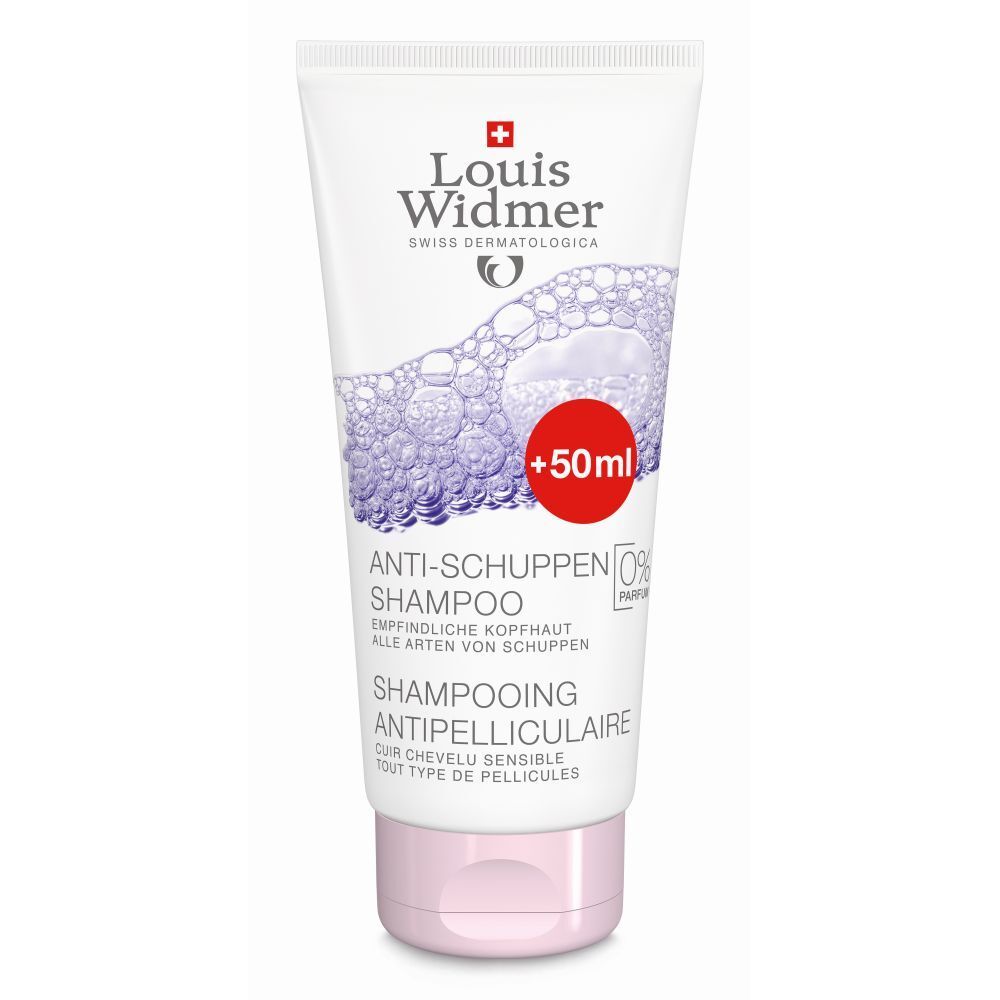 Tube de shampooing antipelliculaire Louis Widmer. Inscription '+50ml' en rouge. Bouchon rose. Texte: Shampooing antipelliculaire.
