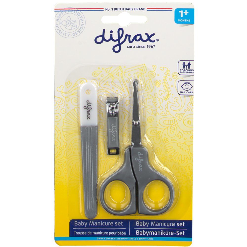 Set de manucure pour bébé. Comprend ciseaux, lime et coupe-ongles. Emballé dans un blister.
