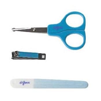 Set de manucure bleu pour bébé. Comprend ciseaux, lime et coupe-ongles.