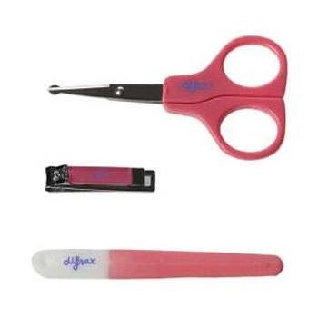 Set de manucure rose pour bébé. Comprend ciseaux, lime et coupe-ongles.