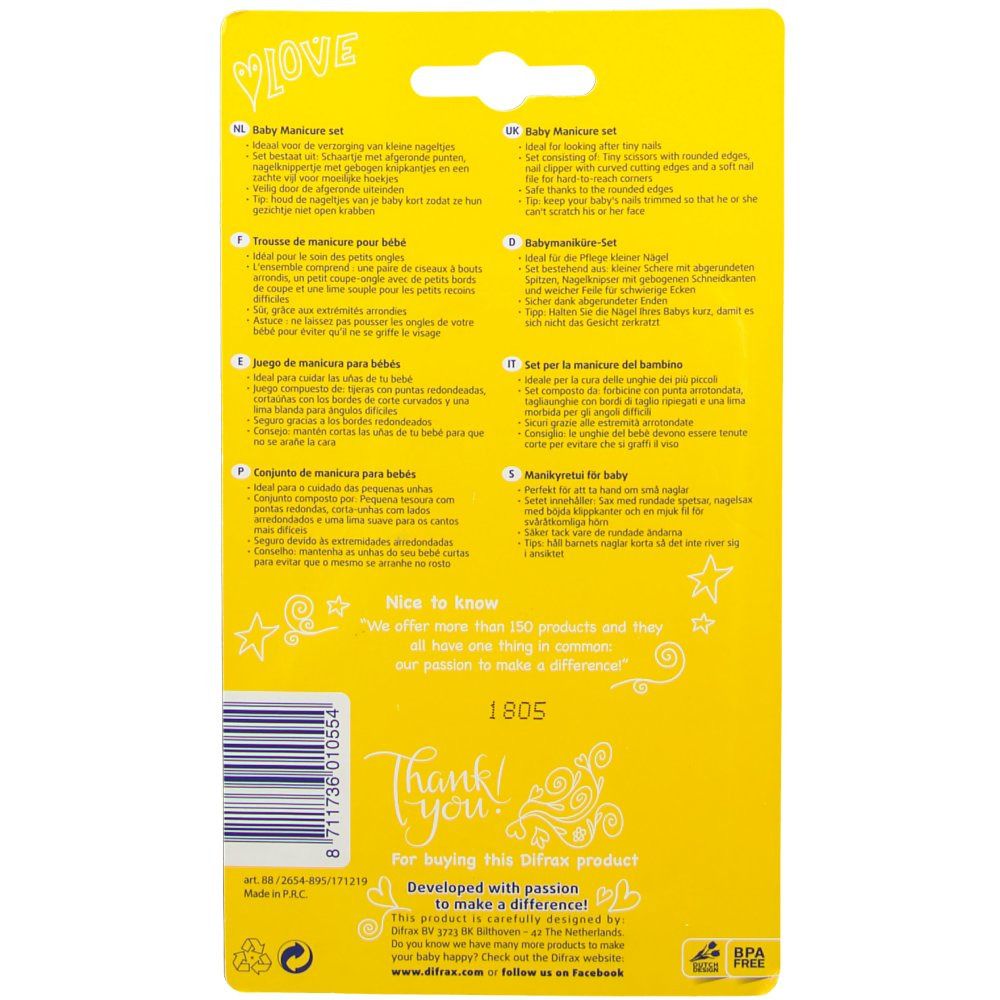 Dos de l'emballage du set de manucure pour bébé. Texte multilingue, informations produit.