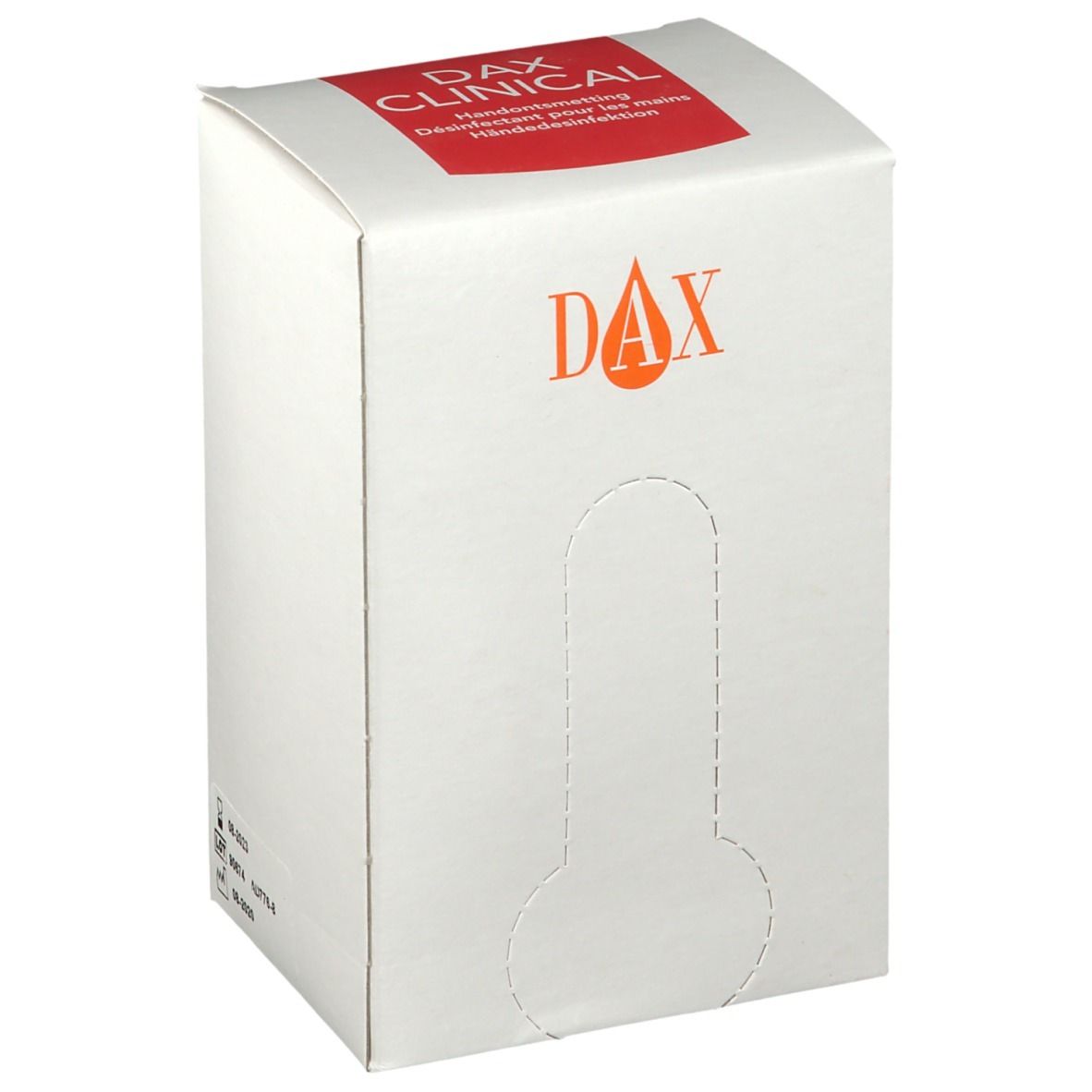Boîte en carton blanche avec logo DAX CLINICAL rouge. Découpe pour le retrait. Logo DAX orange. Emballage de désinfectant.