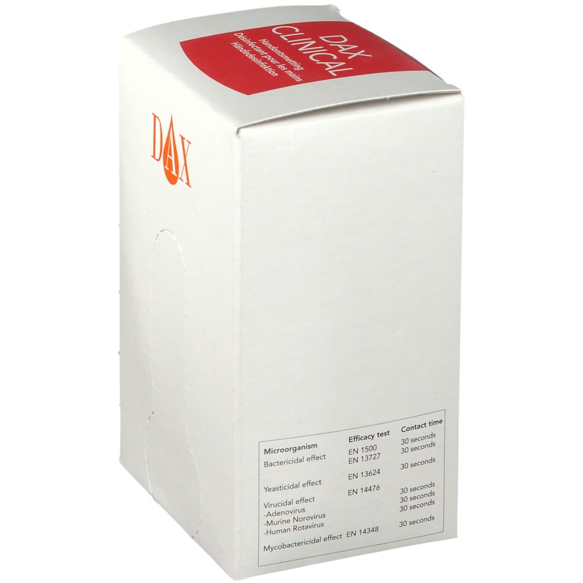 Boîte en carton blanche avec logo DAX CLINICAL rouge. Liste des tests d'efficacité et des temps de contact. Arrière de l'emballage du désinfectant.
