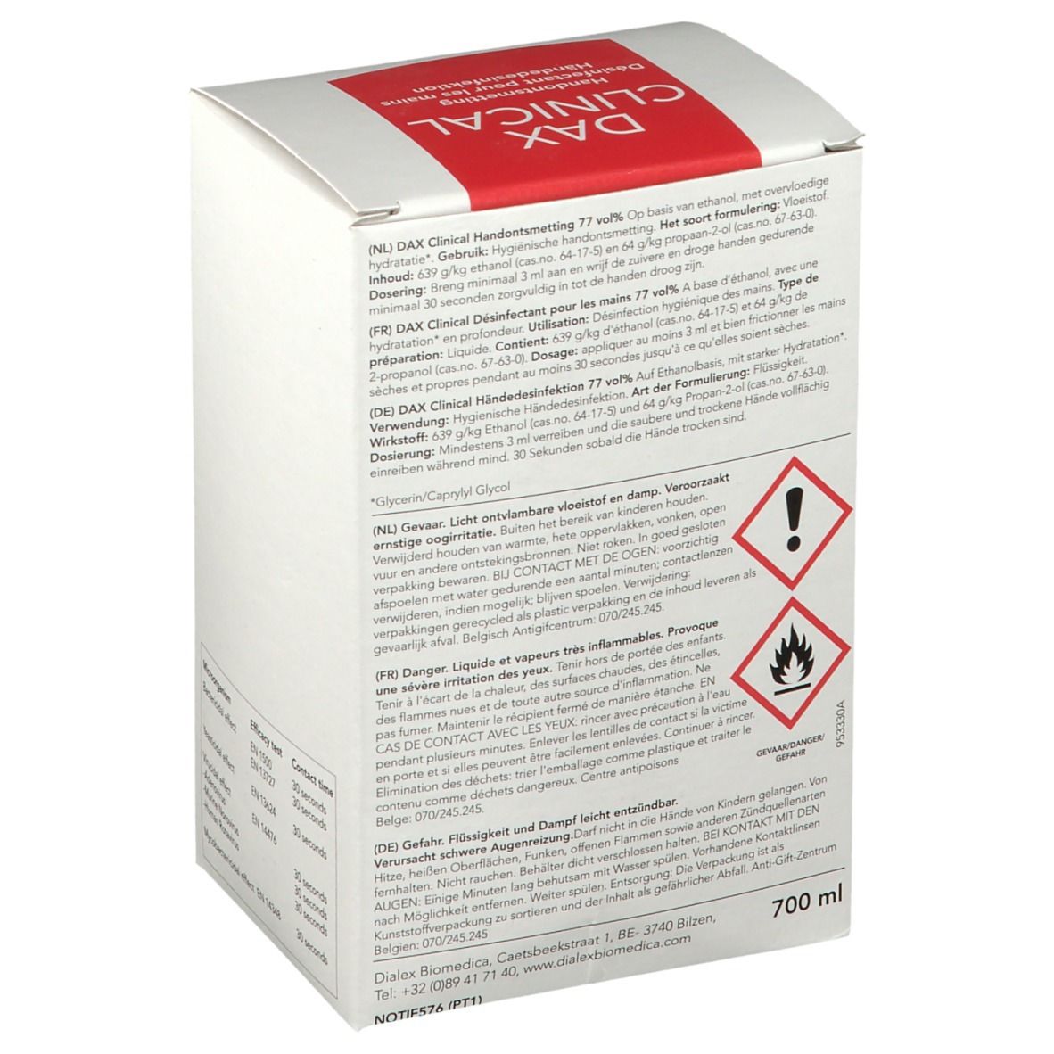 Boîte en carton blanche avec logo DAX CLINICAL rouge. Avertissements et symboles de danger. Texte en plusieurs langues. 700 ml.