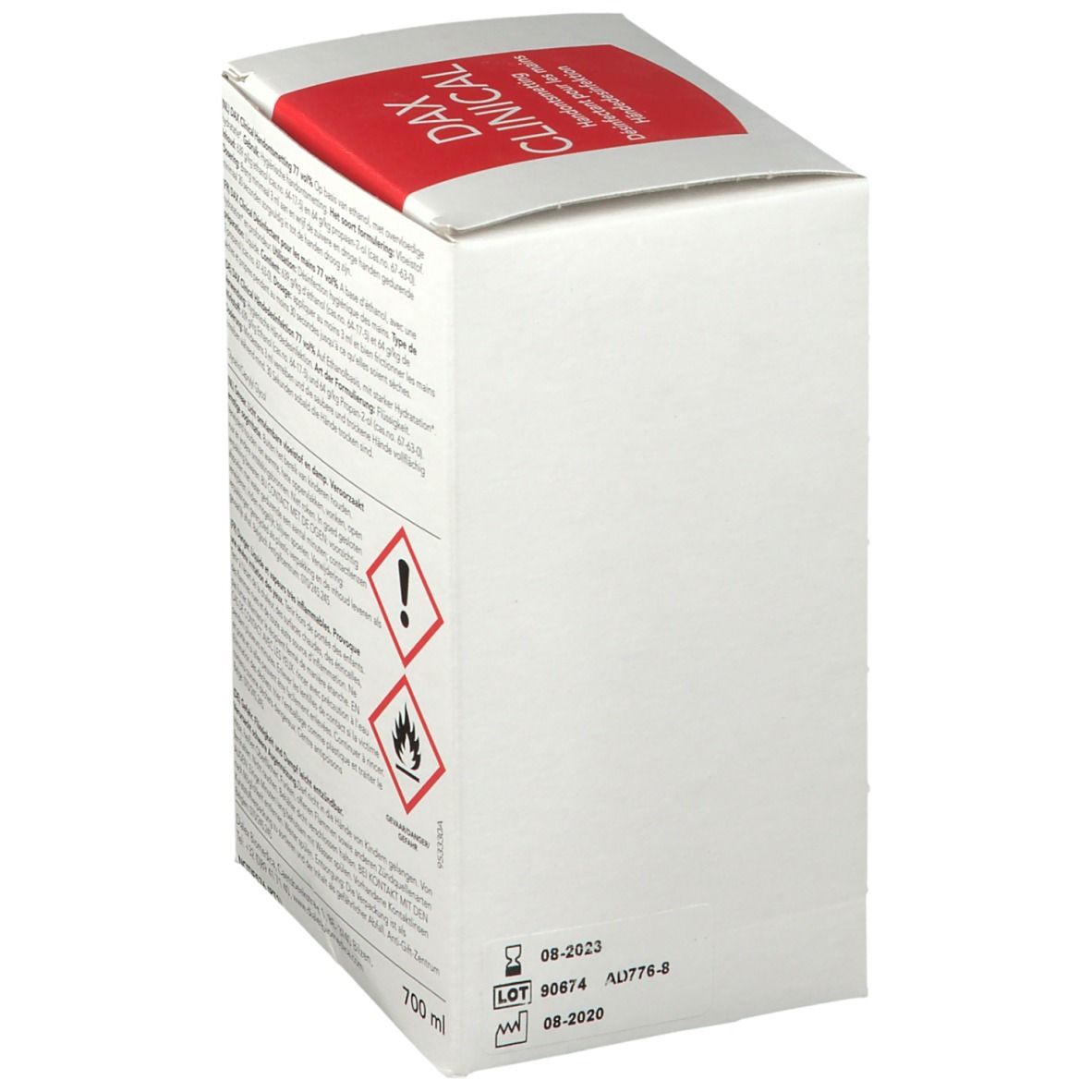 Boîte en carton blanche avec logo DAX CLINICAL rouge. Avertissements et symboles de danger. Numéro de lot et date de péremption. 700 ml.