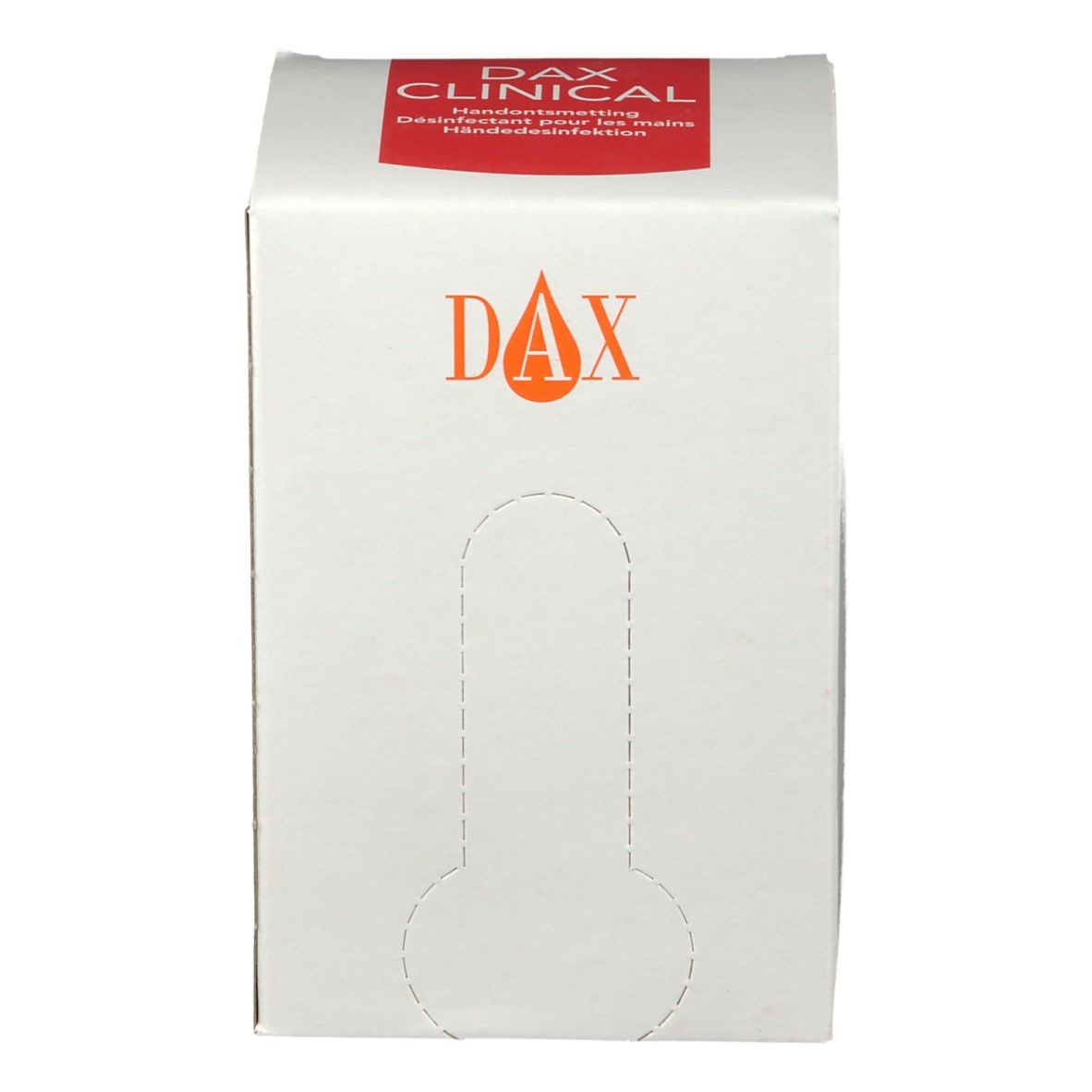 Boîte en carton blanche avec logo DAX CLINICAL rouge. Découpe pour le retrait. Logo DAX orange. Vue de face de l'emballage du désinfectant.
