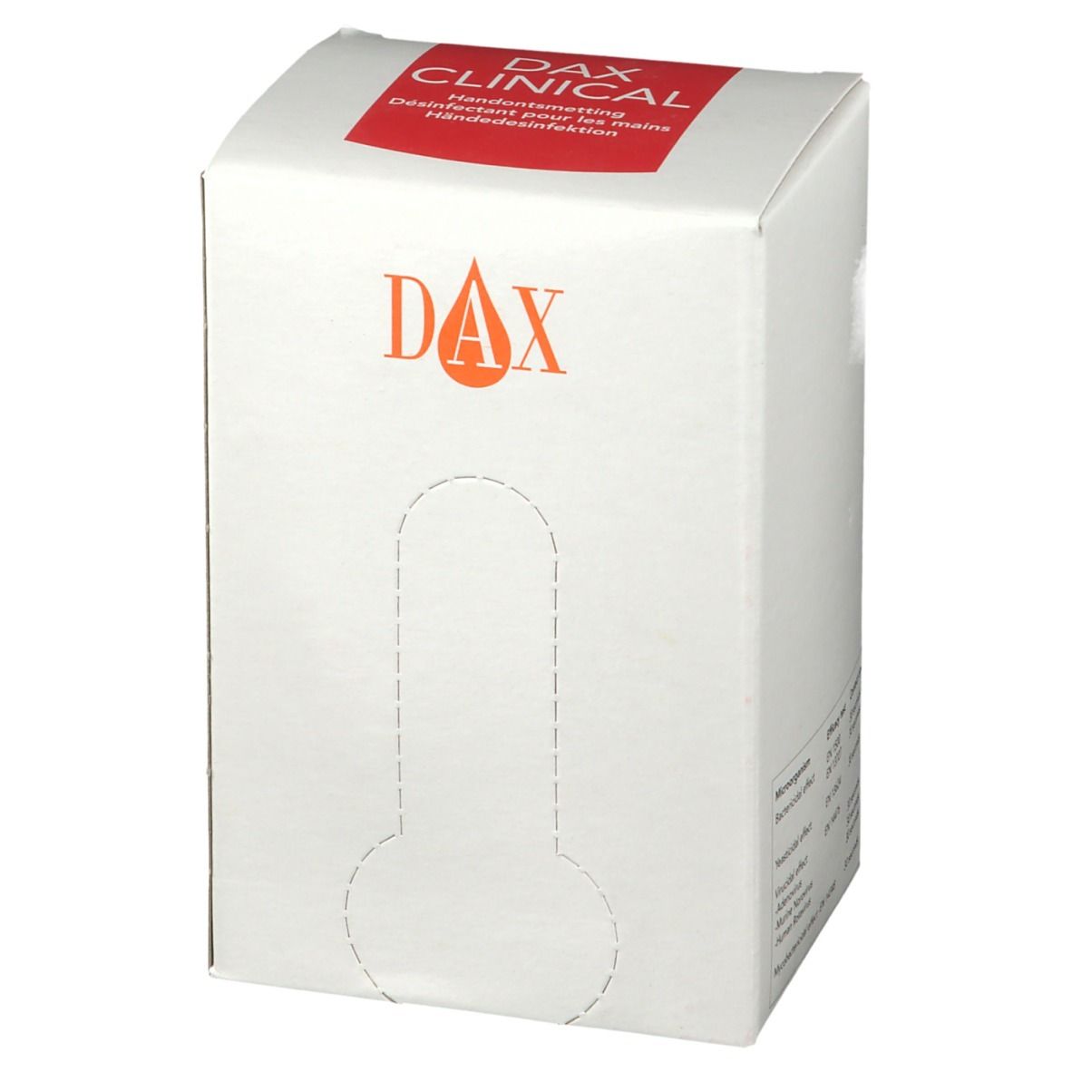 Boîte en carton blanche avec logo DAX CLINICAL rouge. Vue latérale de l'emballage du désinfectant. Logo DAX orange.