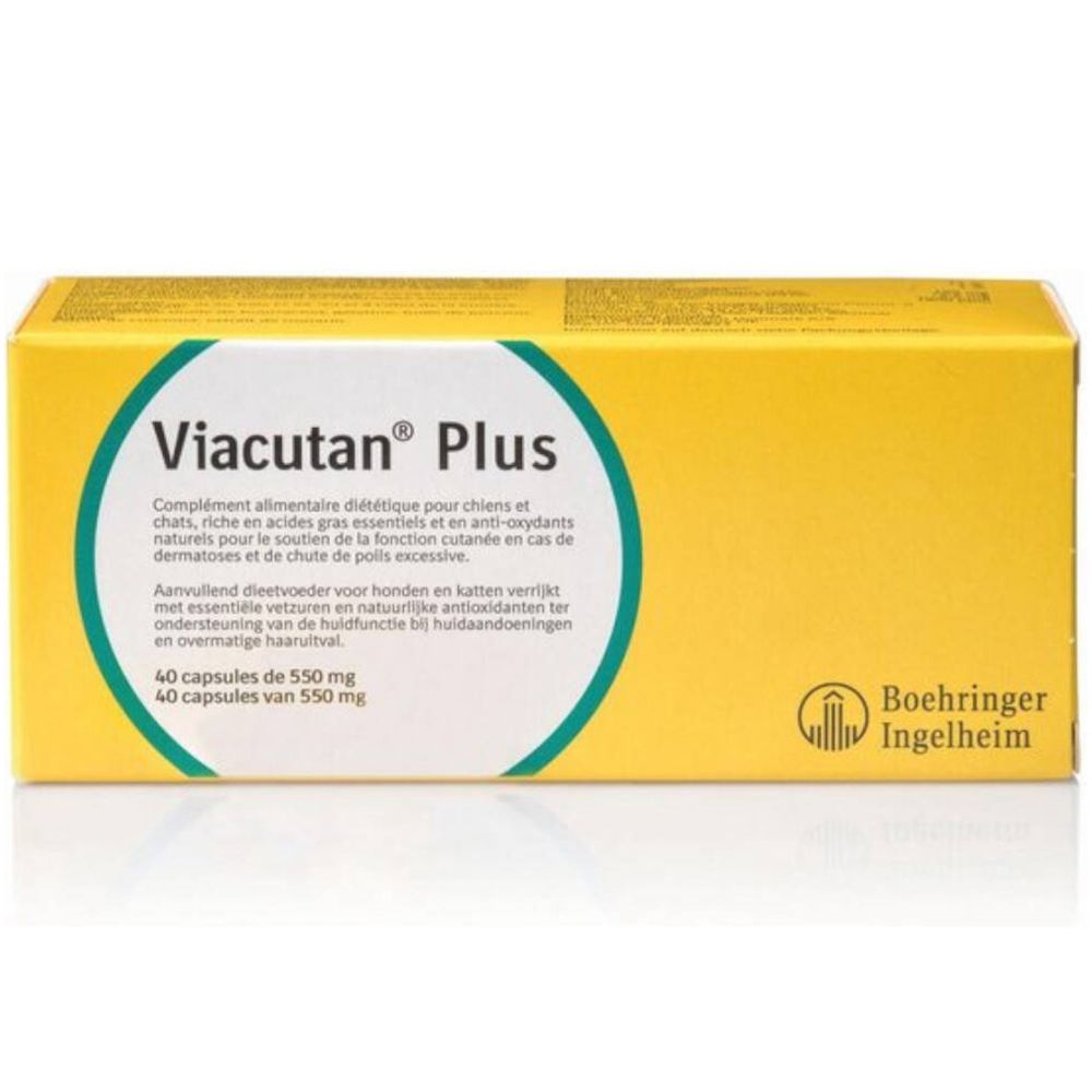 Gele doos Viacutan Plus. Bevat 40 capsules van 550 mg. Logo Boehringer Ingelheim.