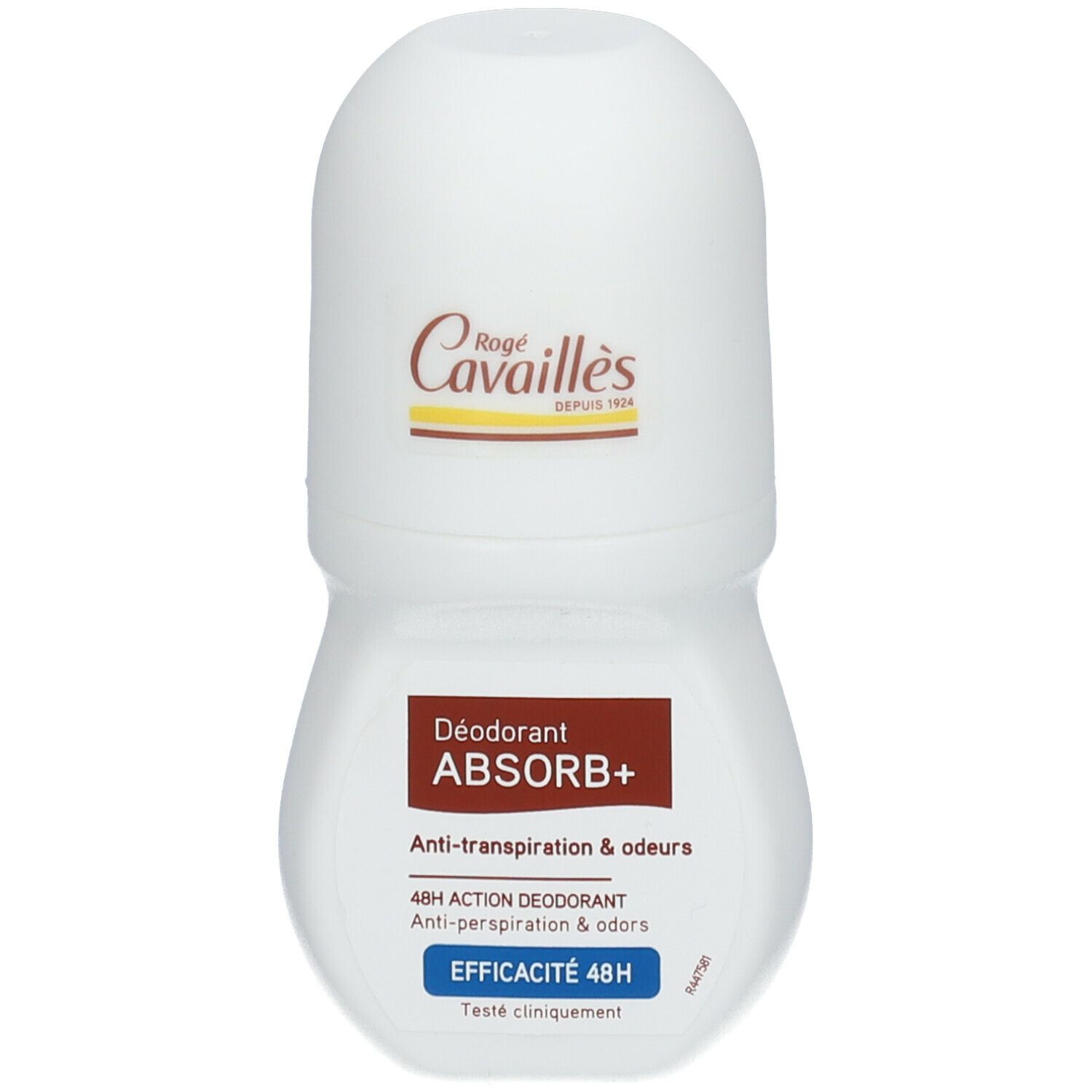 Roll-on blanc avec étiquette marron. Inscription: Rogé Cavaillès, Déodorant ABSORB+, 48H. Texte bleu: Efficacité 48H.