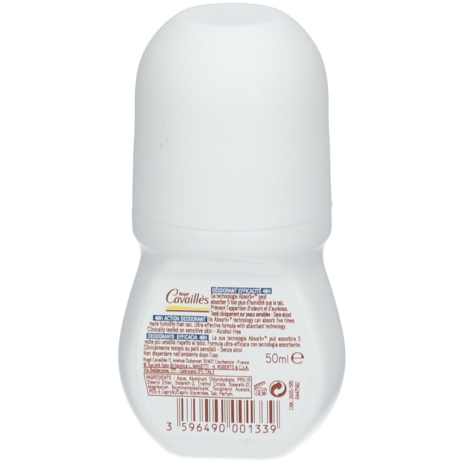 Dos d'un roll-on blanc. Inscription: Rogé Cavaillès, Déodorant Efficacité 48H. Contient 50ml. Code-barres et informations fabricant.