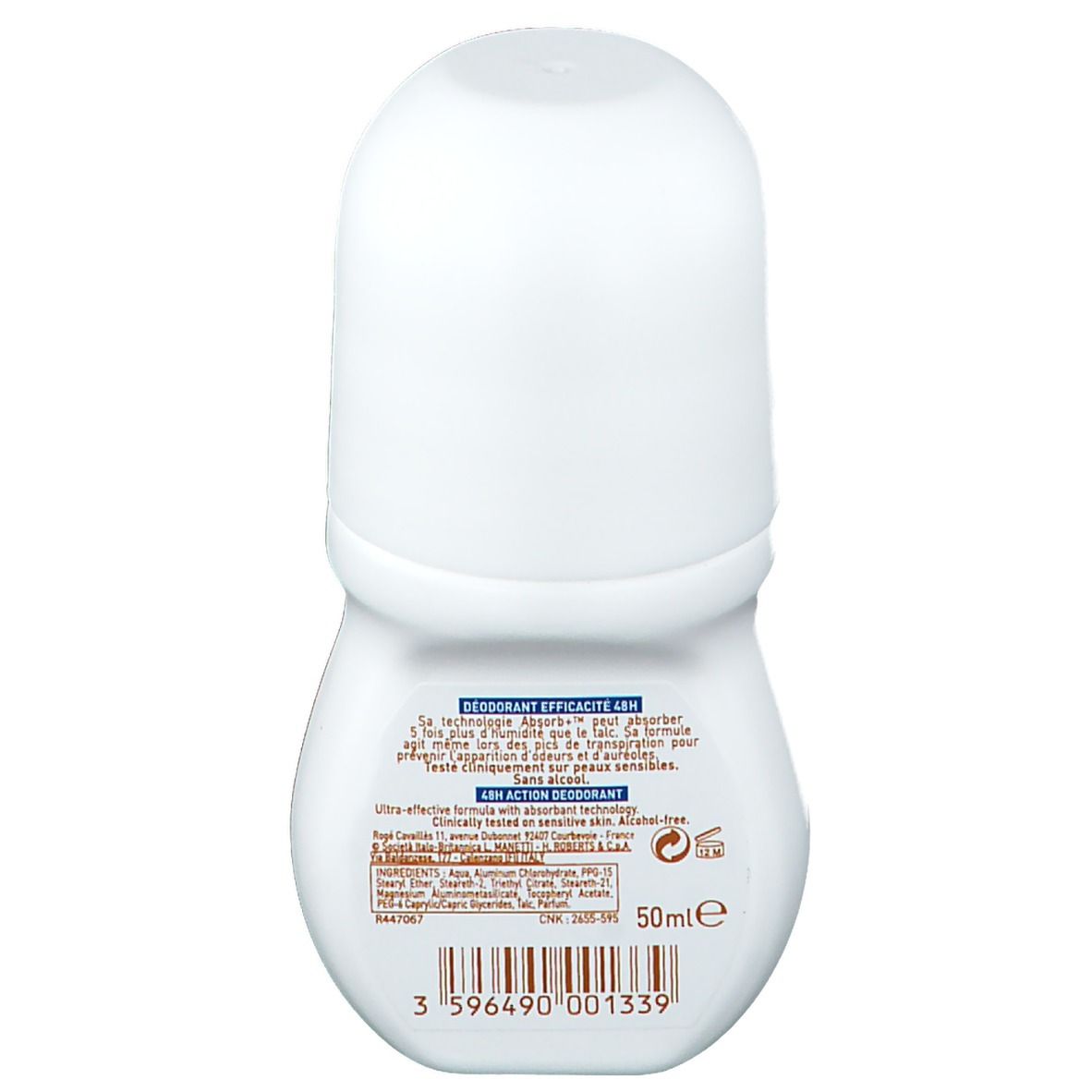 Dos d'un roll-on blanc. Inscription: Rogé Cavaillès, Déodorant Efficacité 48H. Contient 50ml. Code-barres et informations fabricant.