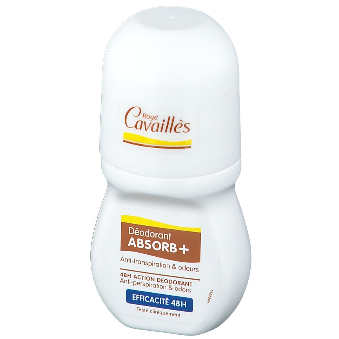 Roll-on blanc avec étiquette jaune-marron. Inscription: Rogé Cavaillès, Déodorant ABSORB+, 48H. Texte bleu: Efficacité 48H.