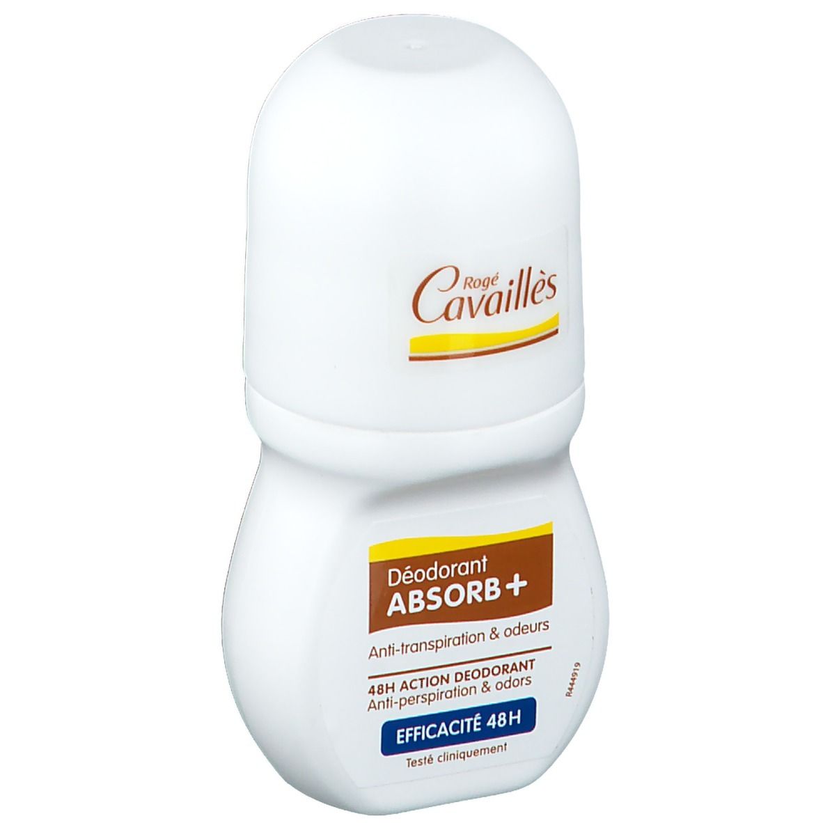 Roll-on blanc avec étiquette jaune-marron. Inscription: Rogé Cavaillès, Déodorant ABSORB+, 48H. Texte bleu: Efficacité 48H.