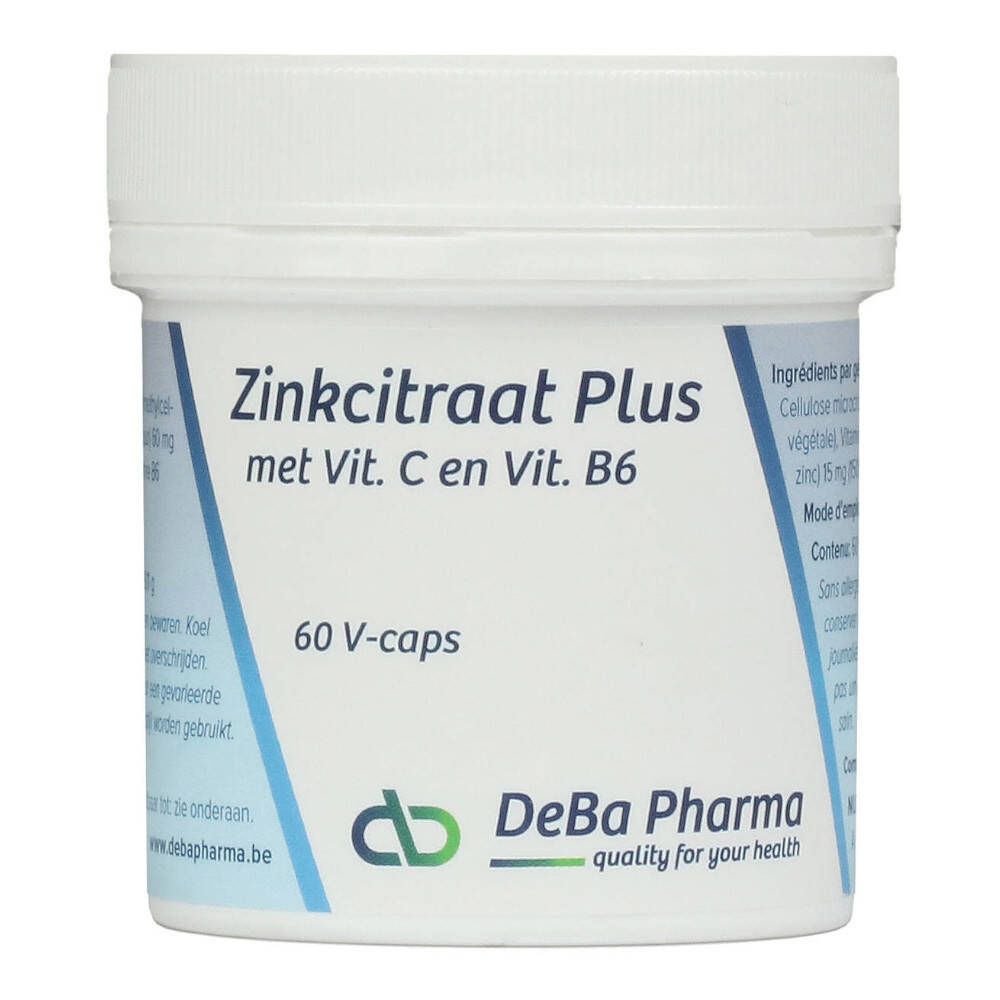 Boîte blanche avec inscription Zinkcitraat Plus, logo DeBa Pharma. Contient 60 V-capsules.