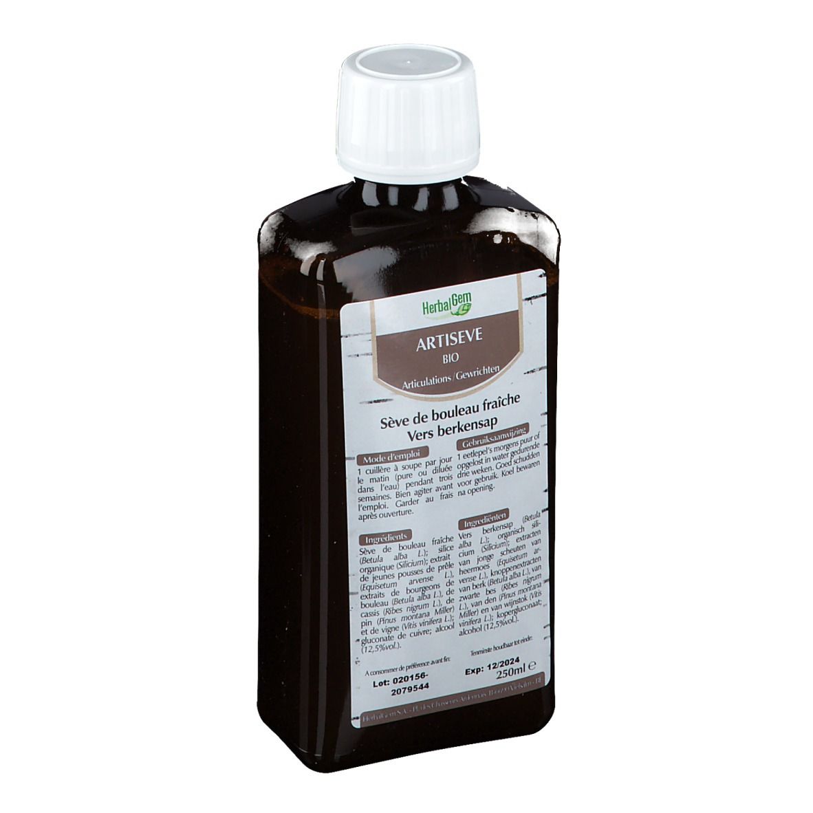 Flacon brun avec bouchon blanc. Étiquette avec nom et texte du produit. Liquide visible. Forme carrée.