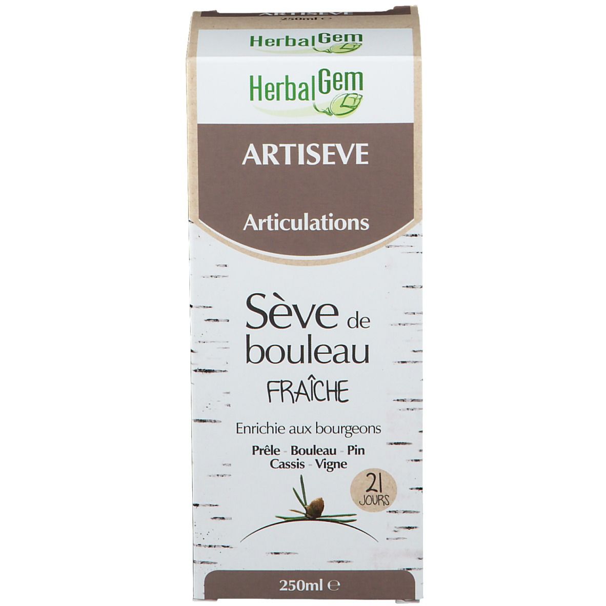 Emballage avec texte et logo. Forme carrée. Flacon avec bouchon blanc. Couleur marron.