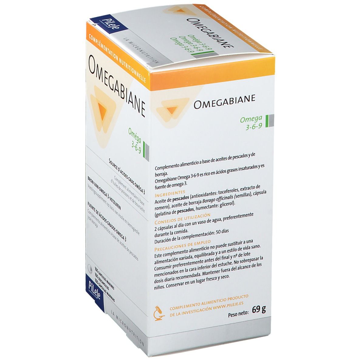 Confezione OMEGABIANE, Omega 3-6-9. Ingredienti e istruzioni per l'uso.