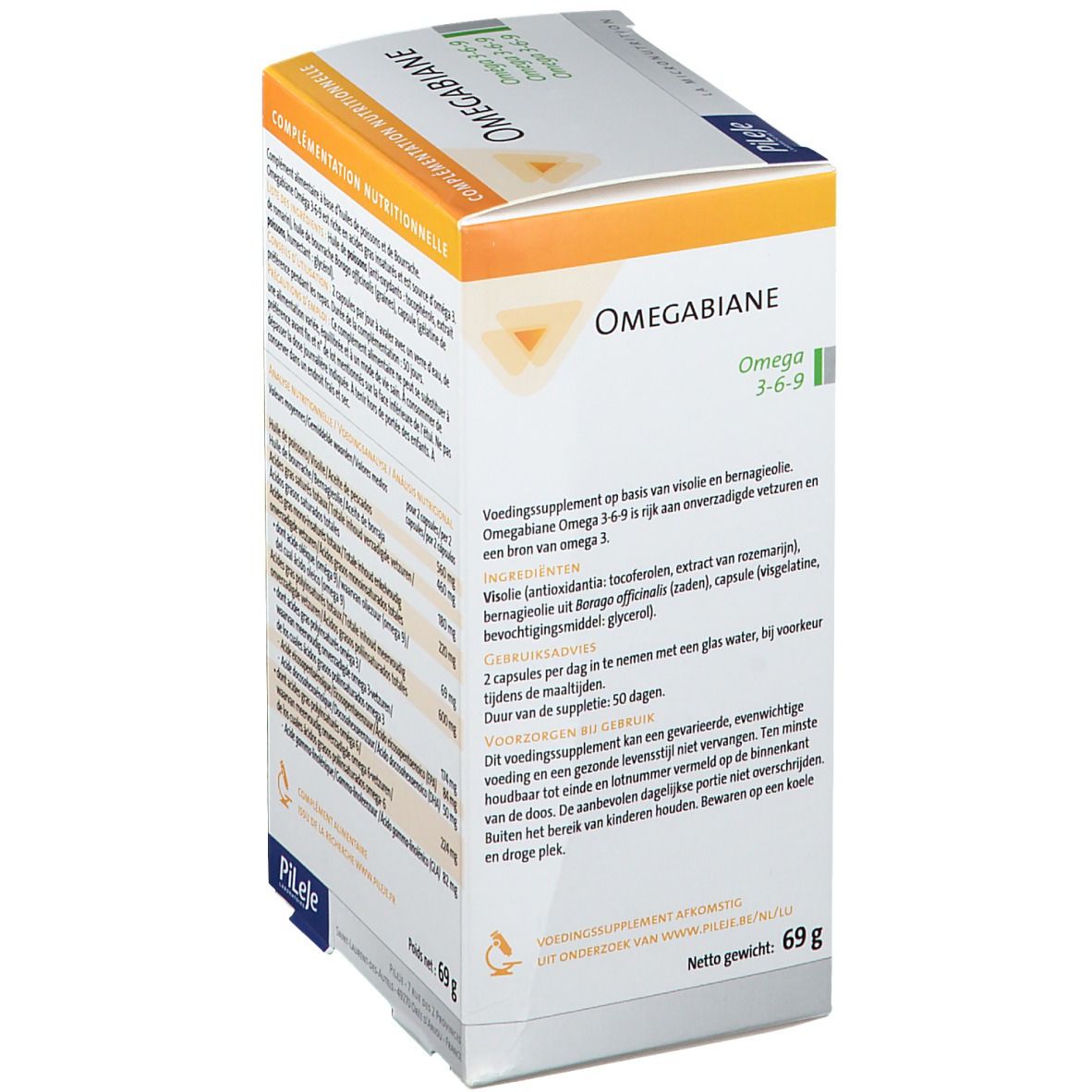 Confezione OMEGABIANE, Omega 3-6-9. Ingredienti e istruzioni per l'uso.