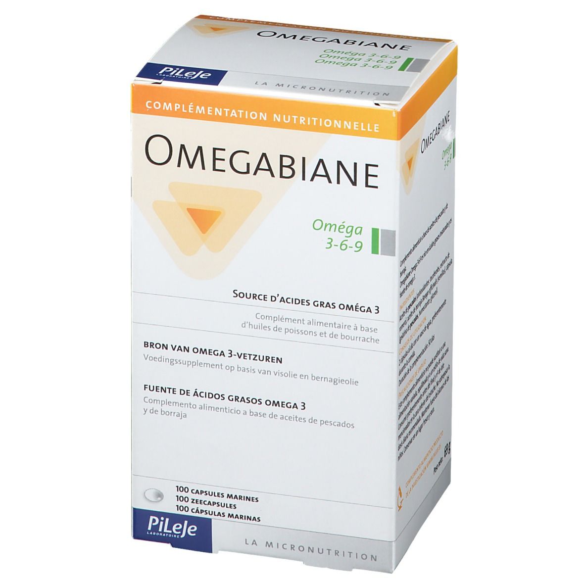 Confezione OMEGABIANE, Omega 3-6-9. Integratore alimentare. 100 capsule. Marchio PiLeje.