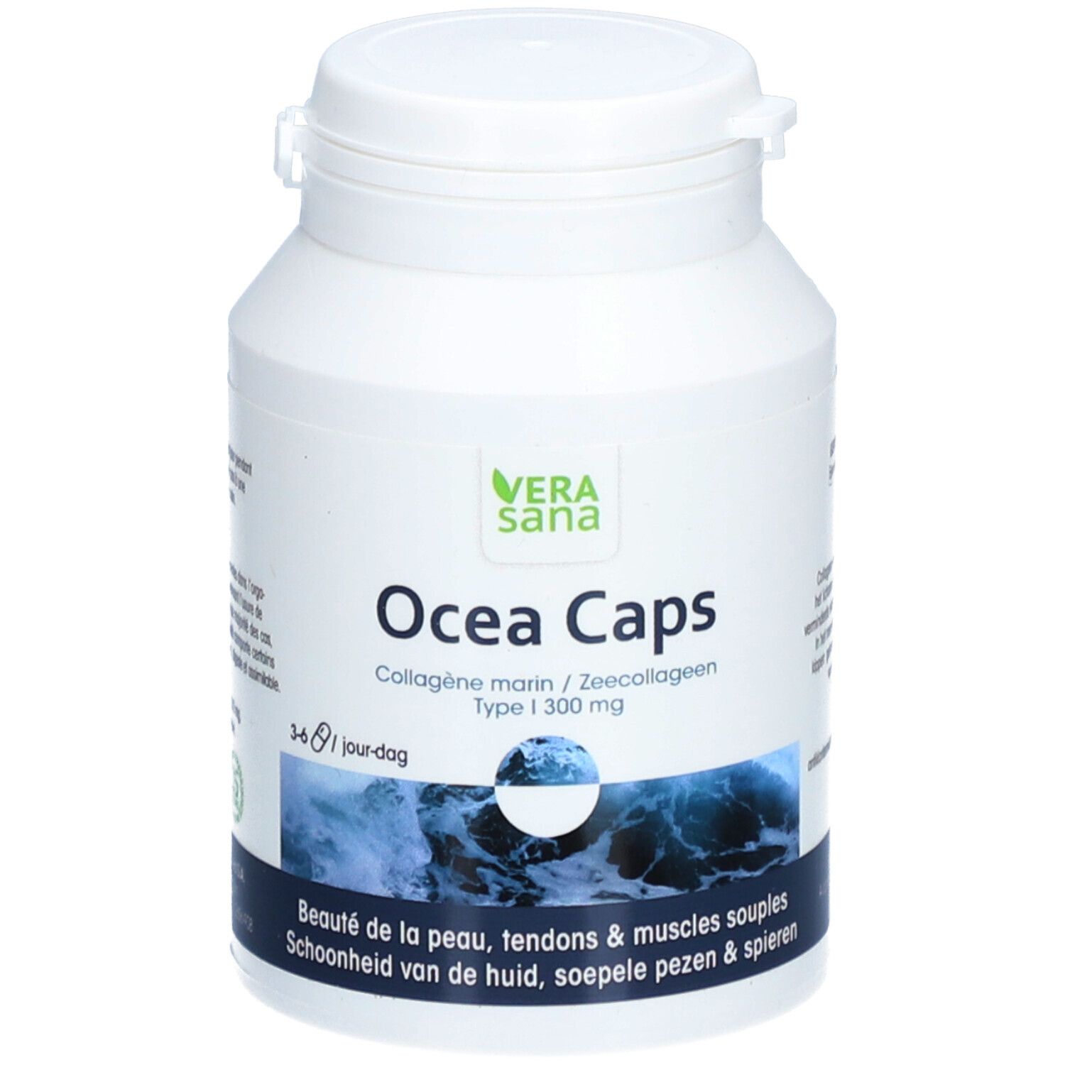 Flacon blanc avec étiquette "Vera Sana Ocea Caps". Contient du collagène marin. Motif vagues. Couvercle supérieur.