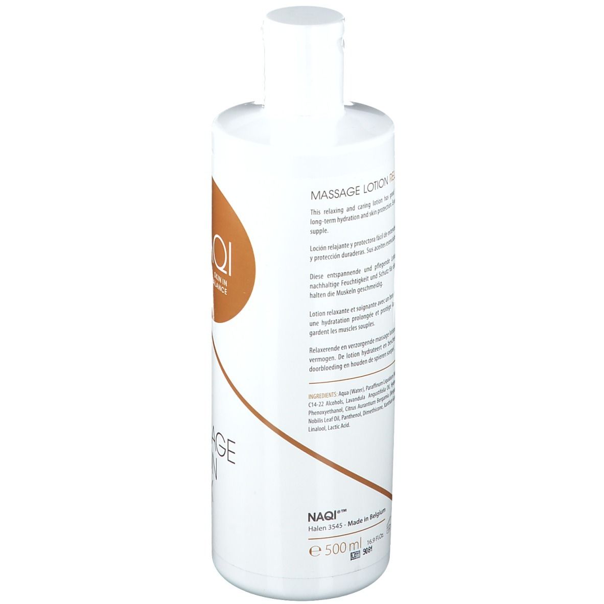 Weiße Flasche, Rückseite mit Text. Aufschrift: Massage Lotion Relax, Text in mehreren Sprachen, NAQI, 500 ml.