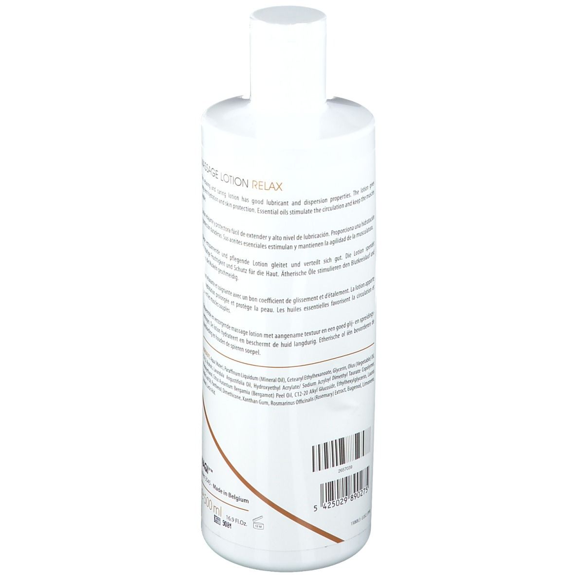 Weiße Flasche, Rückseite mit Text. Aufschrift: Massage Lotion Relax, Text in mehreren Sprachen, Barcode.