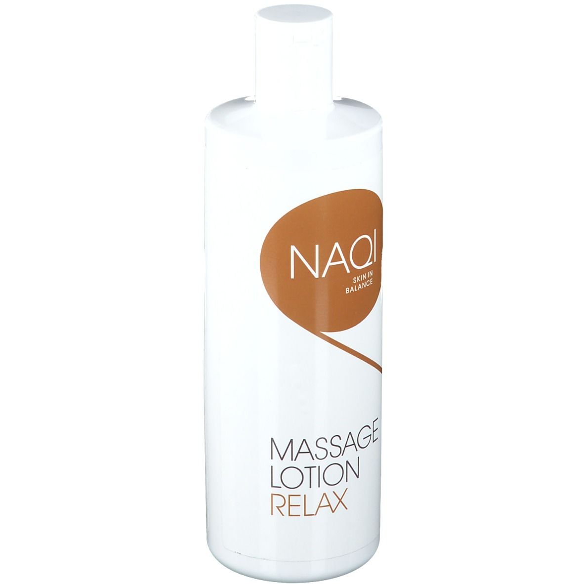 Weiße Flasche mit braunem Logo und Schriftzug. Aufschrift: NAQI, Skin in Balance, Massage Lotion Relax.