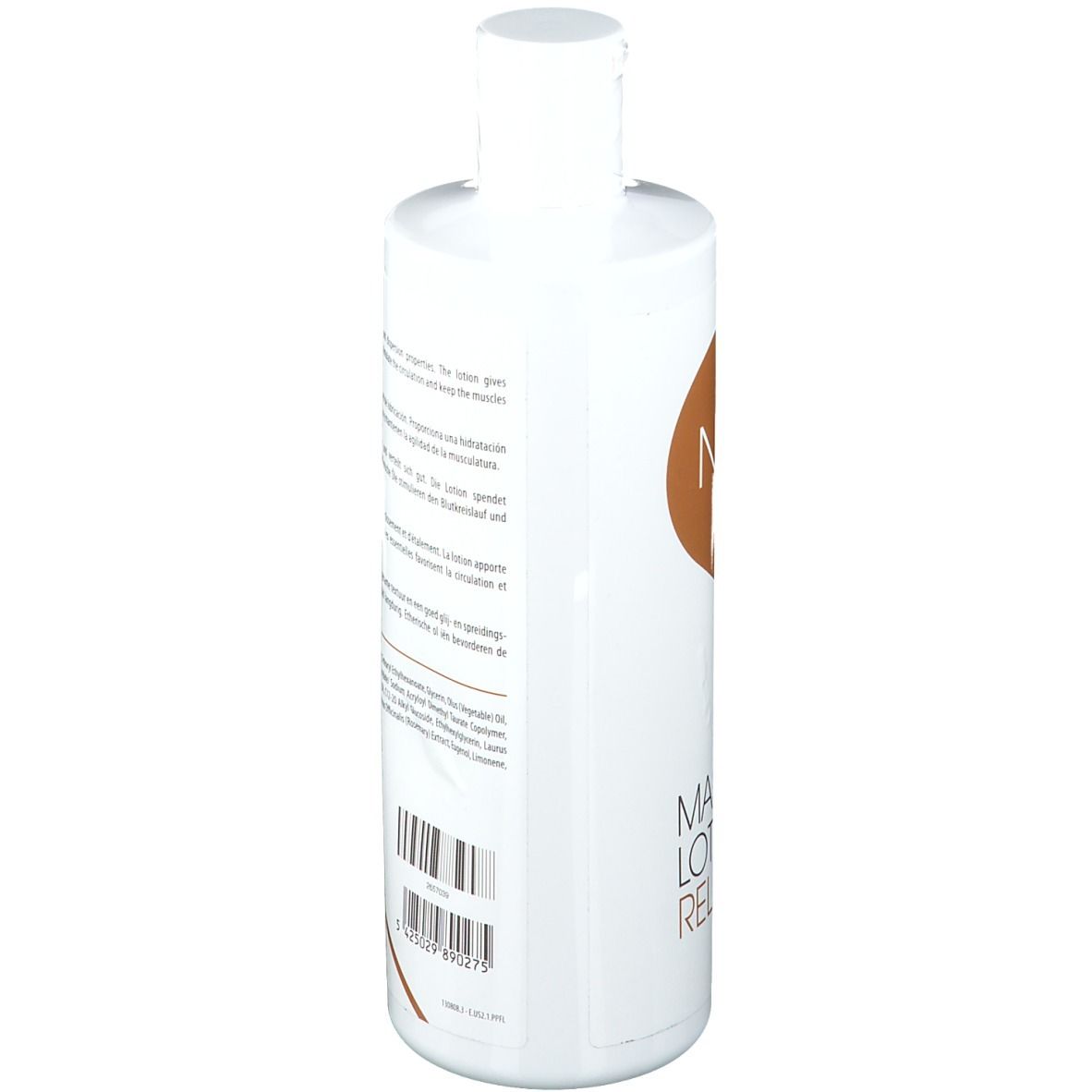 Weiße Flasche, Rückseite mit Text. Aufschrift: Massage Lotion Relax, Text in mehreren Sprachen, Barcode.