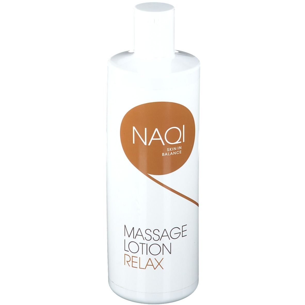 Weiße Flasche mit braunem Logo und Schriftzug. Aufschrift: NAQI, Skin in Balance, Massage Lotion Relax.