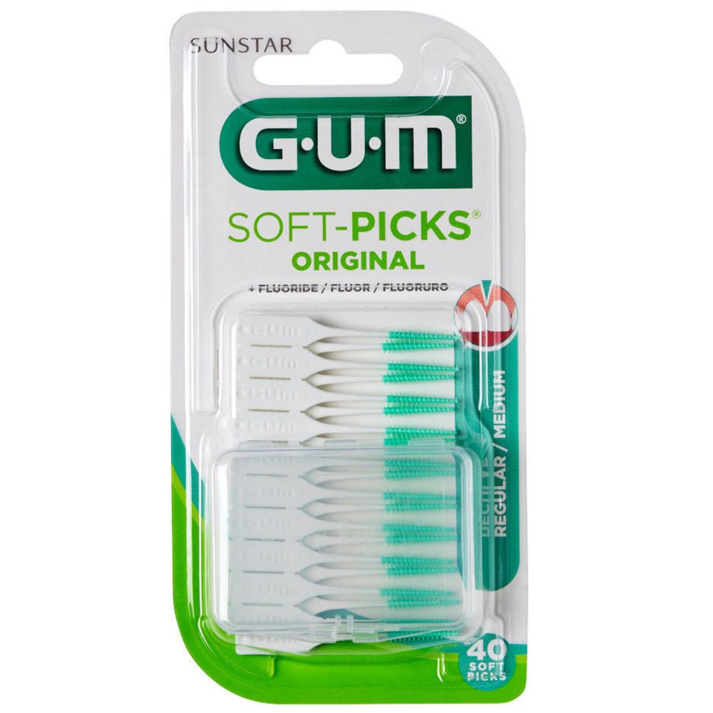 GUM Soft-Picks Original en emballage blister. 40 pièces. Soies vertes, manche blanc. Marque et nom du produit clairement visibles.