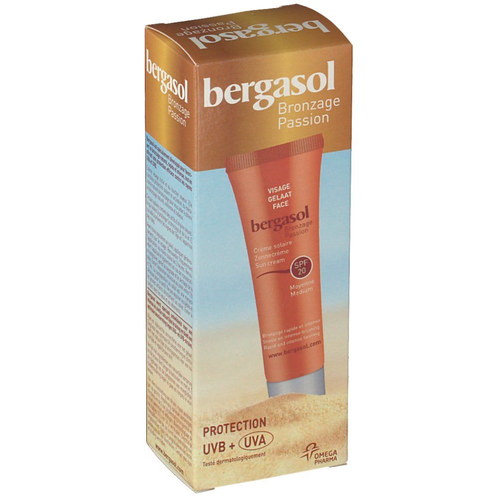 Verpakking van Bergasol Crème Visage SPF20. Oranje tube met witte tekst in bruine doos. UVB+UVA bescherming.