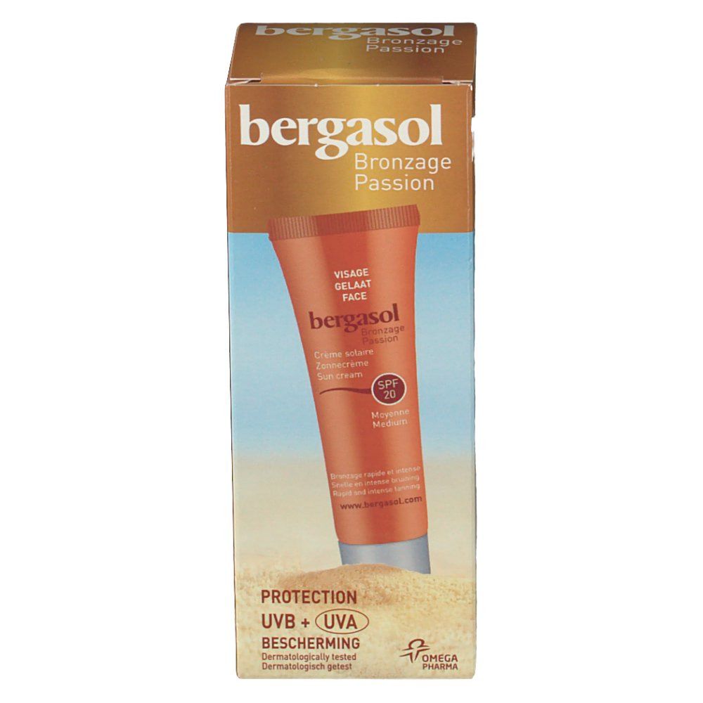 Verpakking van Bergasol Crème Visage SPF20. Oranje tube met witte tekst in bruine doos. UVB+UVA bescherming.
