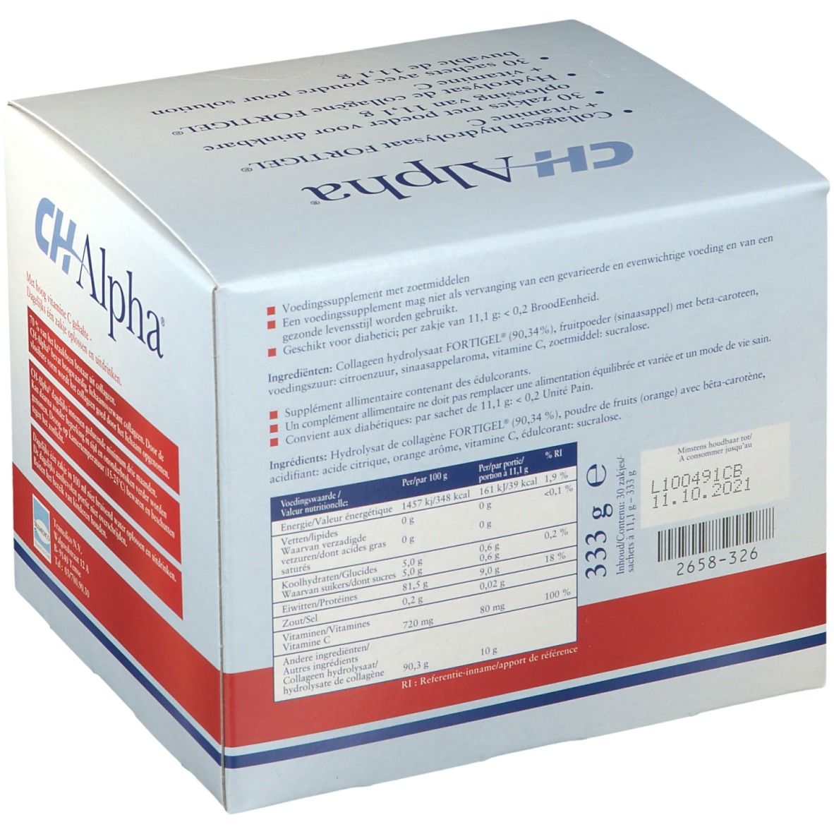 Rückseite der CH-Alpha-Verpackung. Enthält Nährwertangaben, Zutatenliste und Chargennummer. Text in Deutsch, Niederländisch, Französisch.