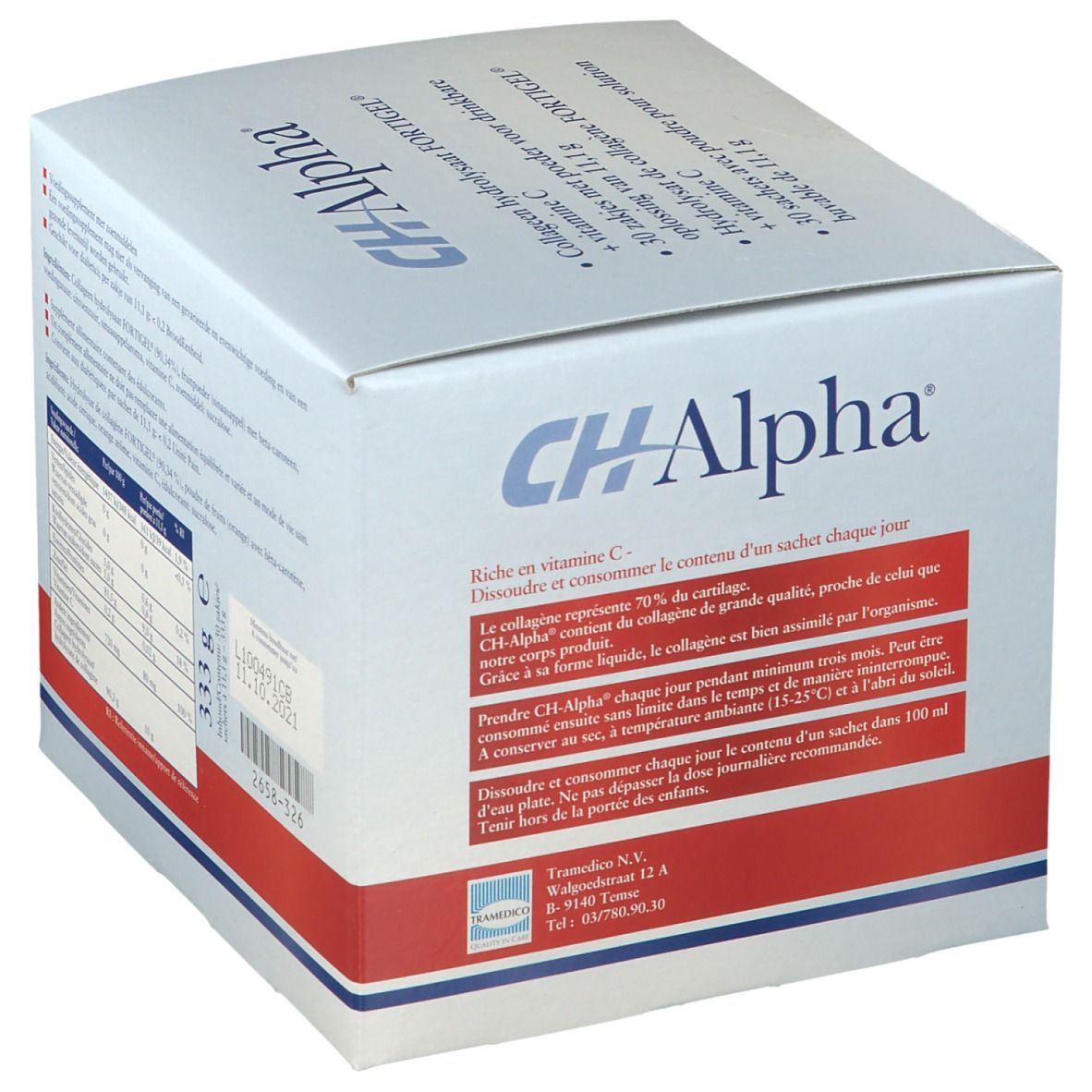 CH-Alpha-Verpackung mit Logo und Text. Enthält 30 Beutel. Text: Reich an Vitamin C. Enthält Informationen zur Anwendung.
