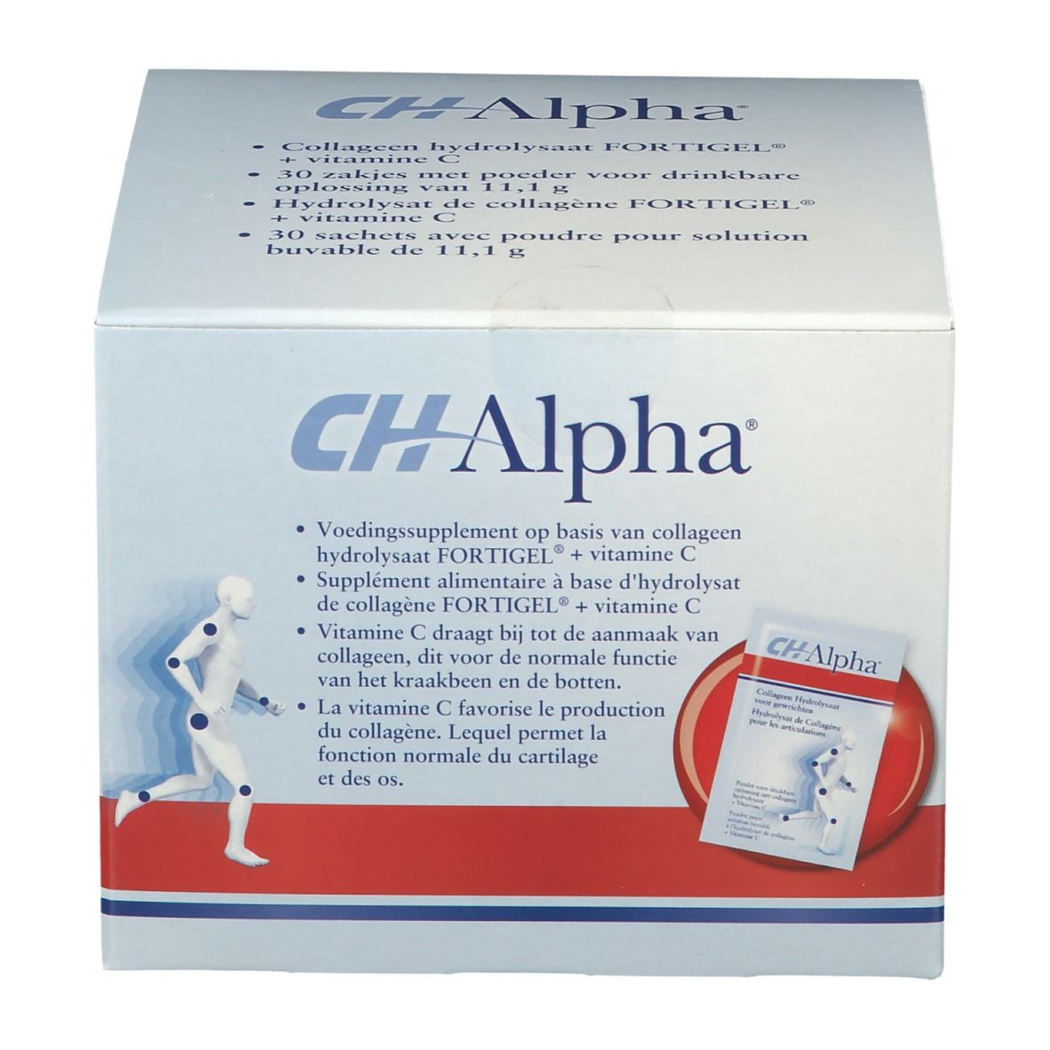 CH-Alpha-Verpackung mit Logo. Enthält 30 Beutel mit Kollagenhydrolysat, Vitamin C. Abbildung eines laufenden Mannes und Beutel.