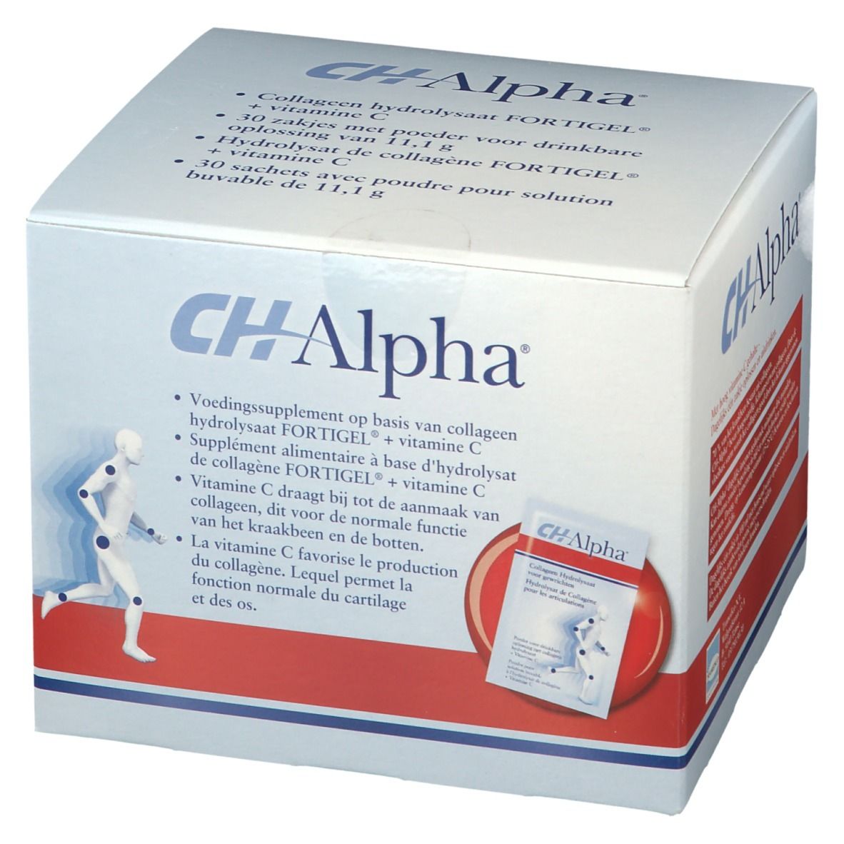 CH-Alpha-Verpackung mit Logo. Enthält 30 Beutel mit Kollagenhydrolysat, Vitamin C. Abbildung eines laufenden Mannes und Beutel.