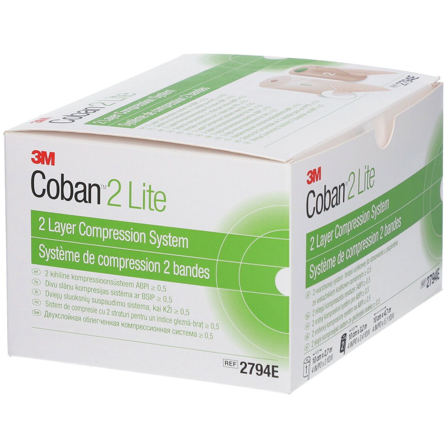 3M Coban 2 Lite, système de compression à 2 couches. Emballage blanc avec nom du produit et accents verts. Vue de dessus.